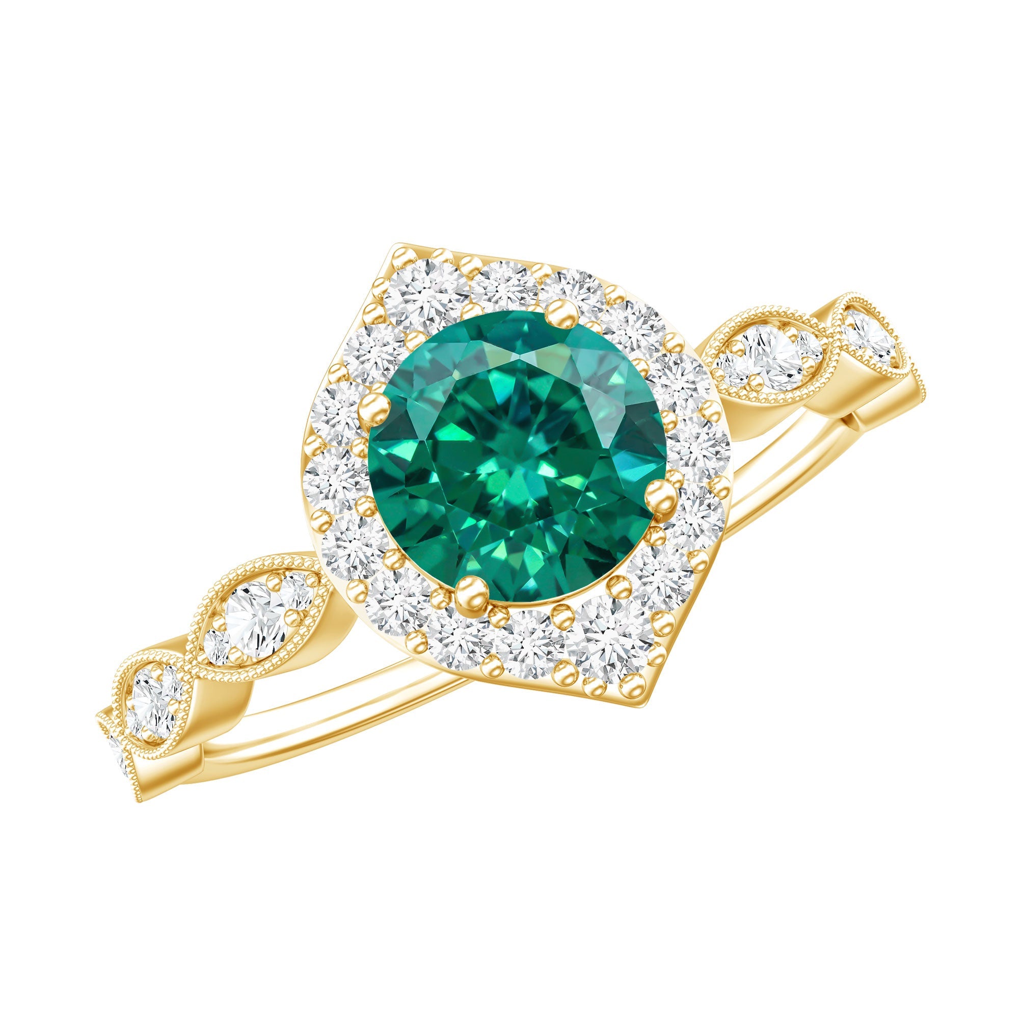Emerald Engagement Ring - Vintage Style Halo Diamond Ring With Lab Grown Emerald