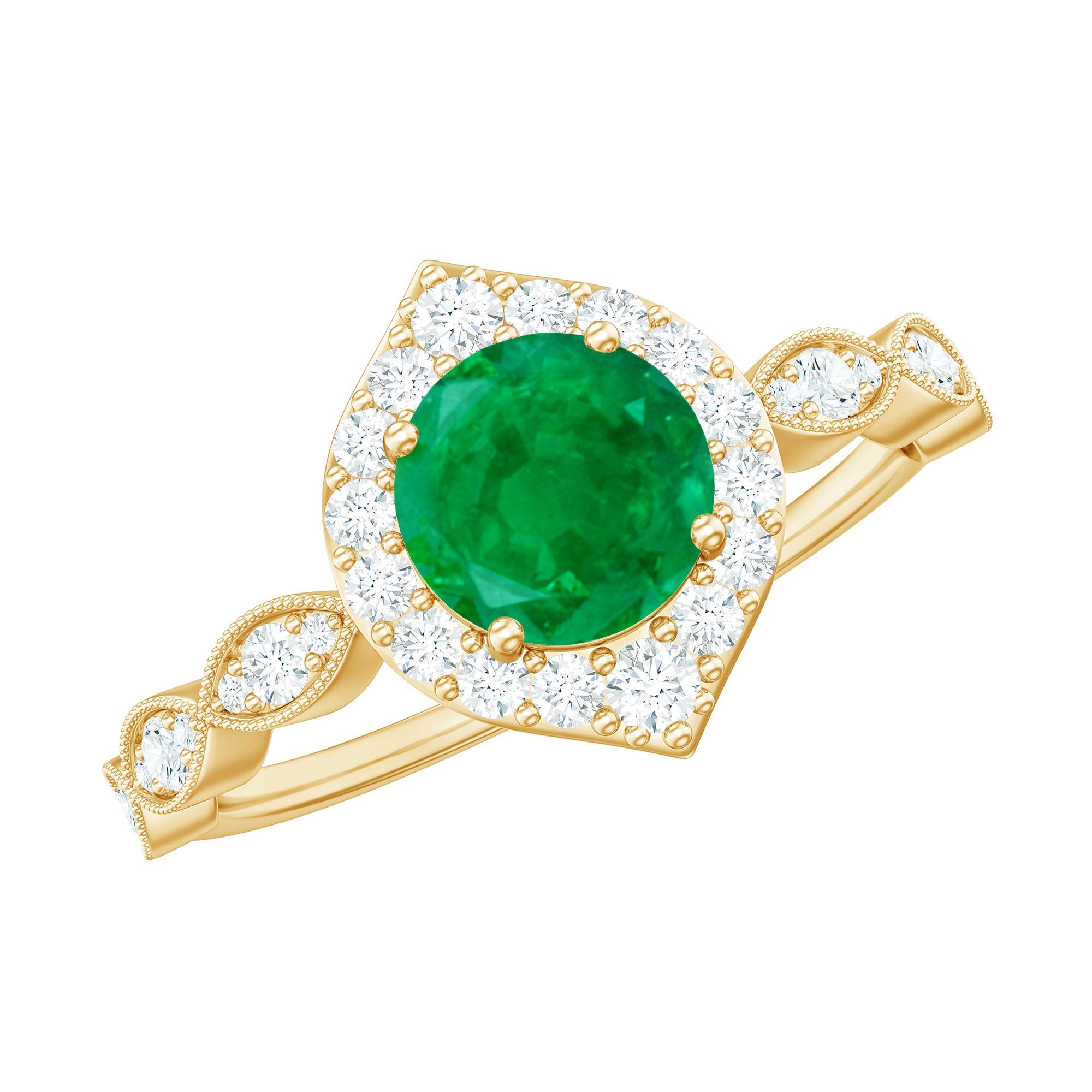 Emerald Engagement Ring – Natural Emerald Halo Diamond Ring With Vintage Style