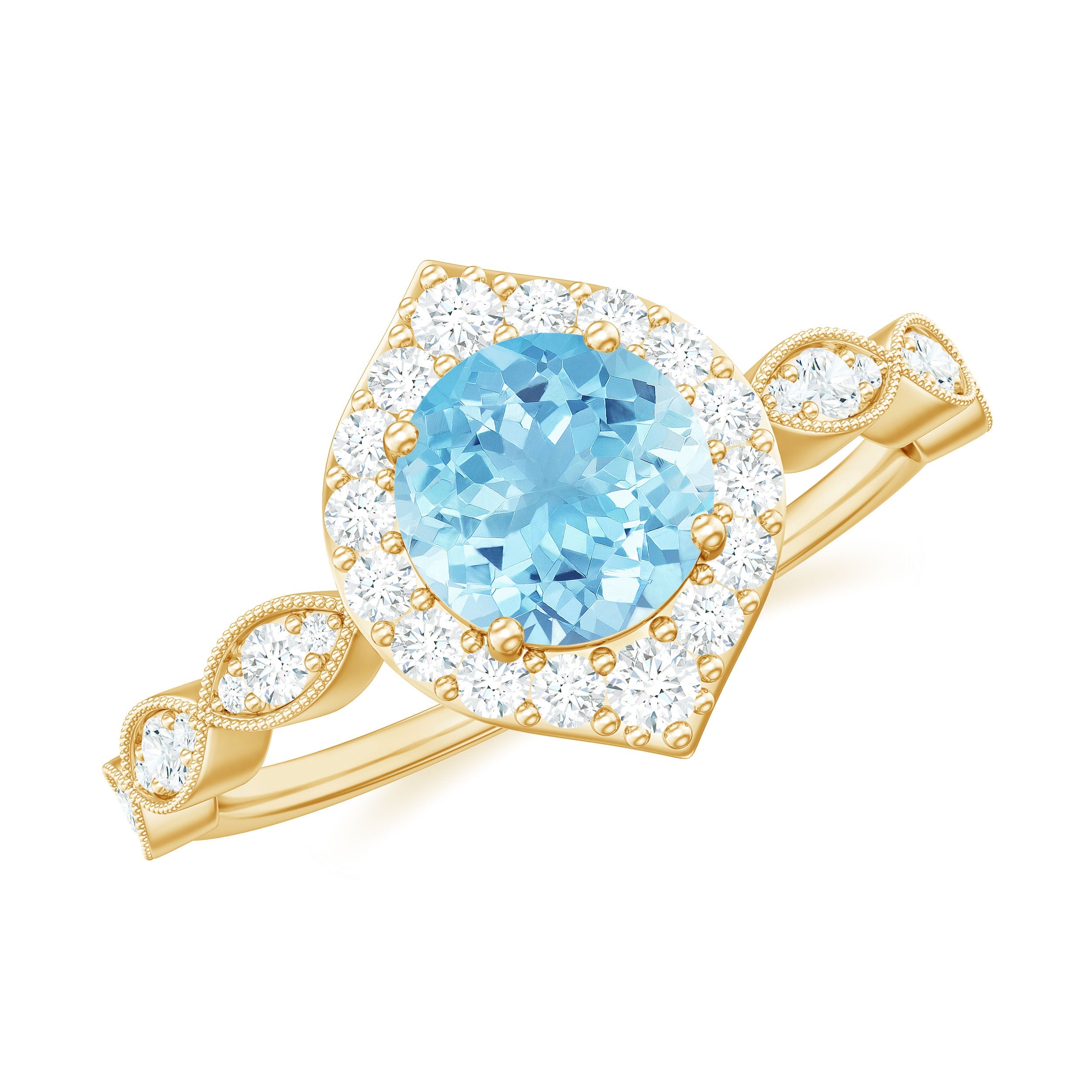 Aquamarine Engagement Ring – Diamond Halo Ring with Round Cut Aquamarine Stone