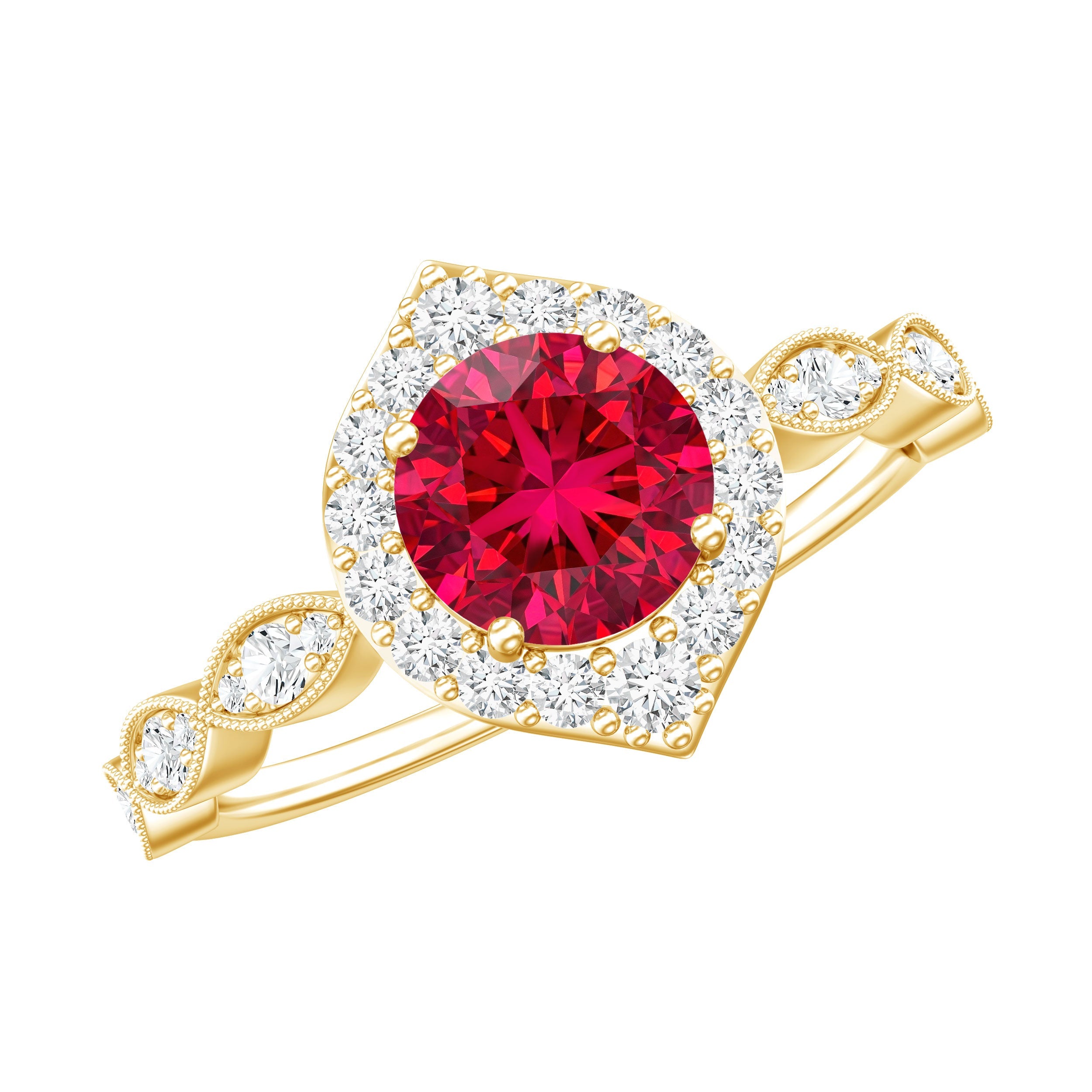 Vintage style 1.3 carat lab grown ruby engagement ring with diamond halo and gold band