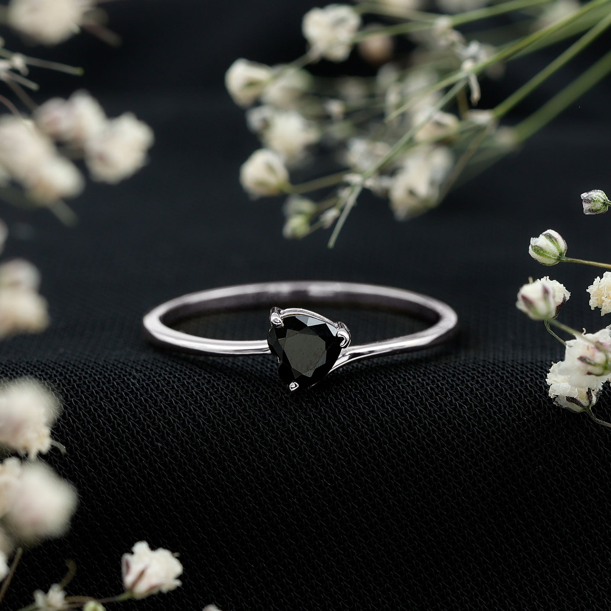 Natural Black Spinel Heart Promise Ring in East West Style