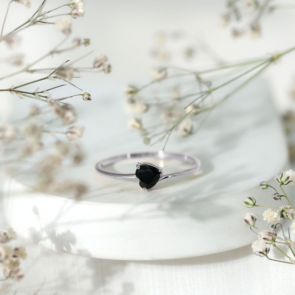 Natural Black Spinel Heart Promise Ring in East West Style