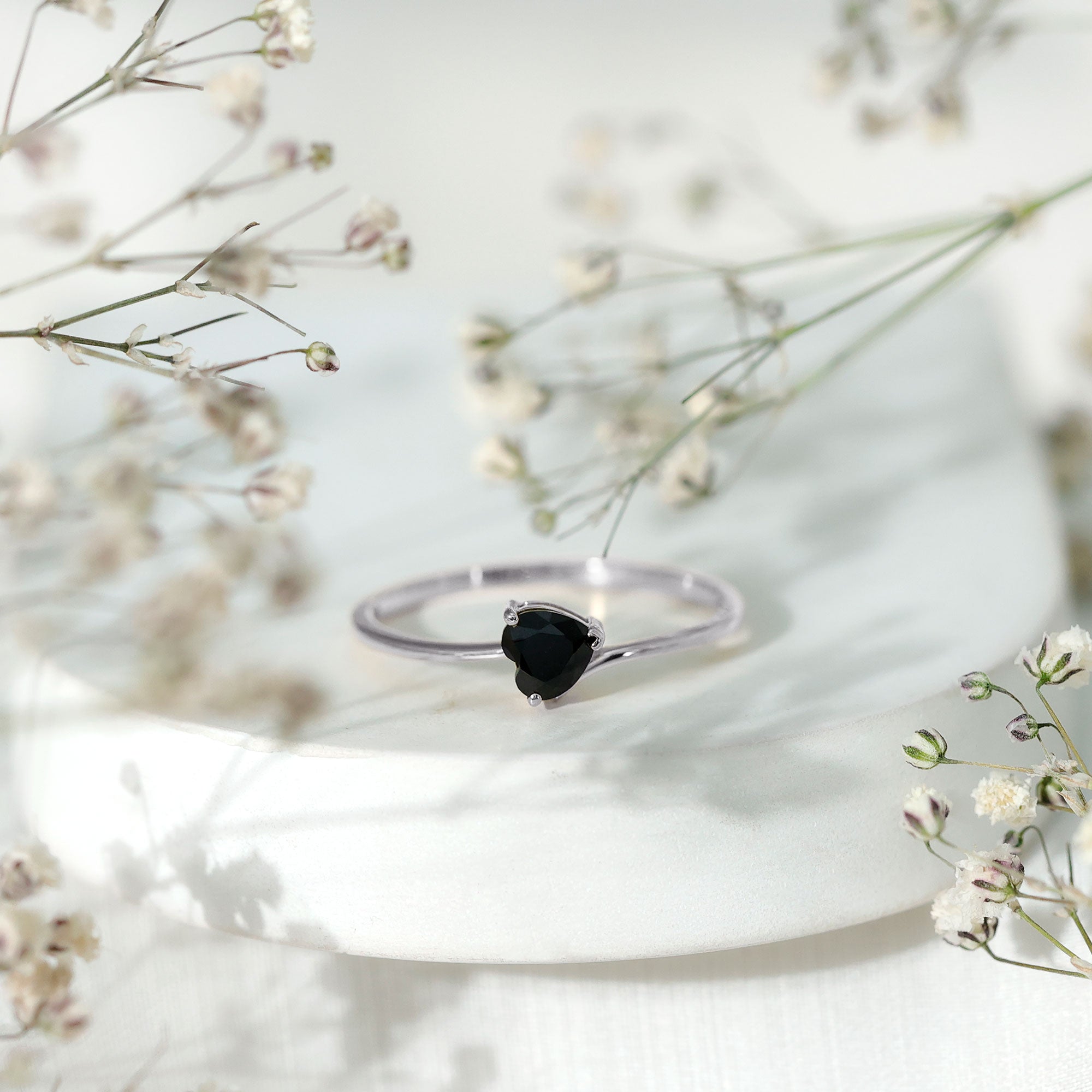 Natural Black Spinel Heart Promise Ring in East West Style