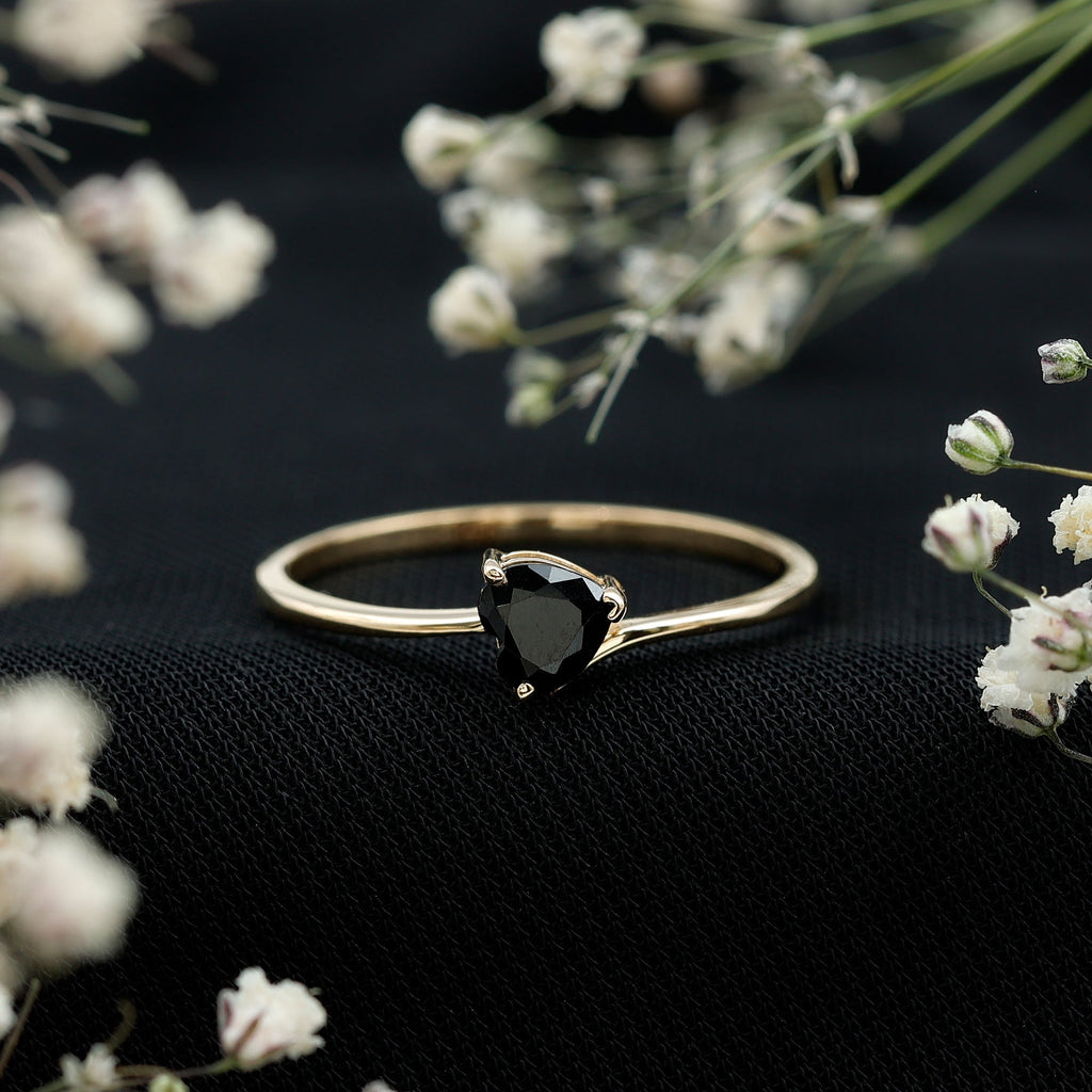 Natural Black Spinel Heart Promise Ring in East West Style