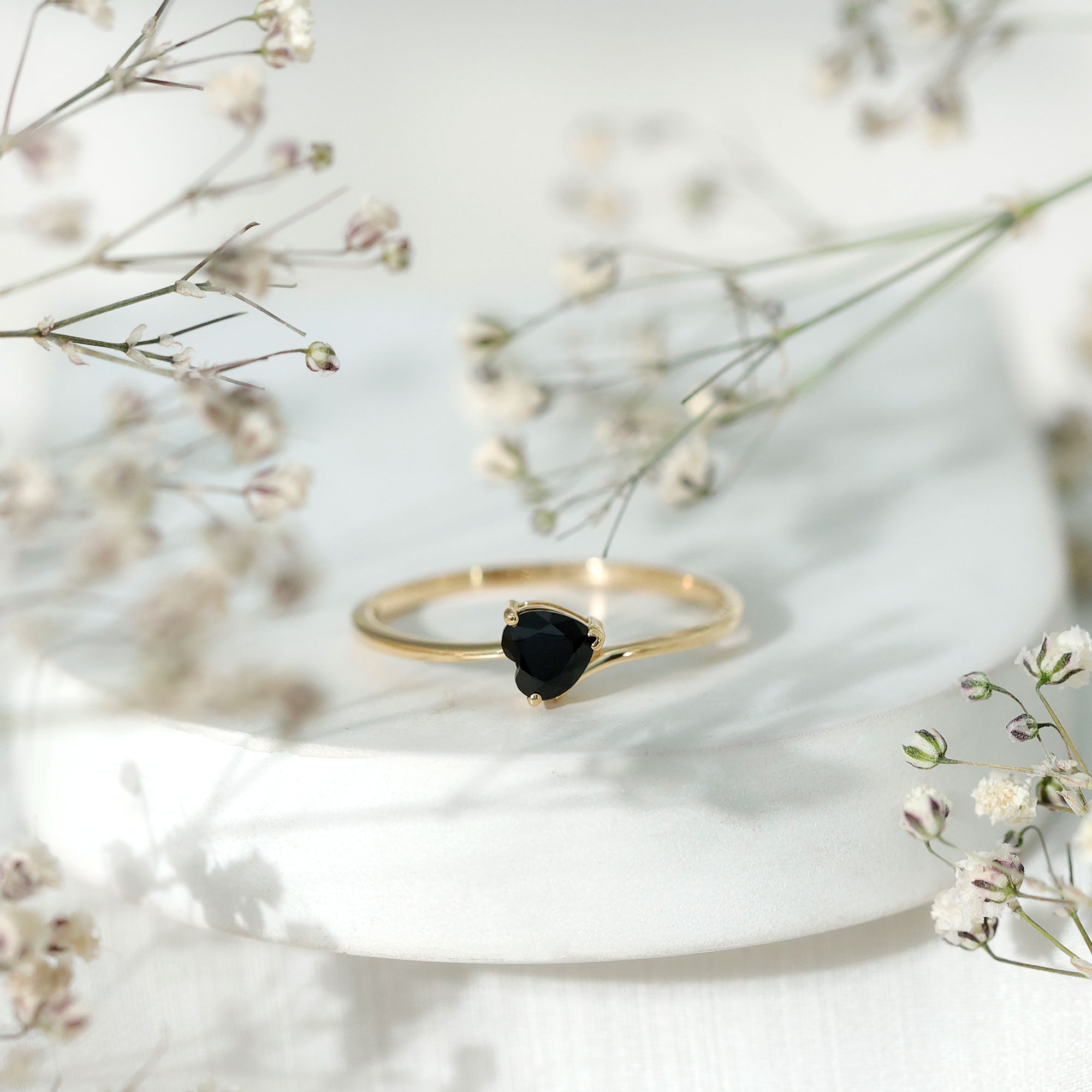 Natural Black Spinel Heart Promise Ring in East West Style