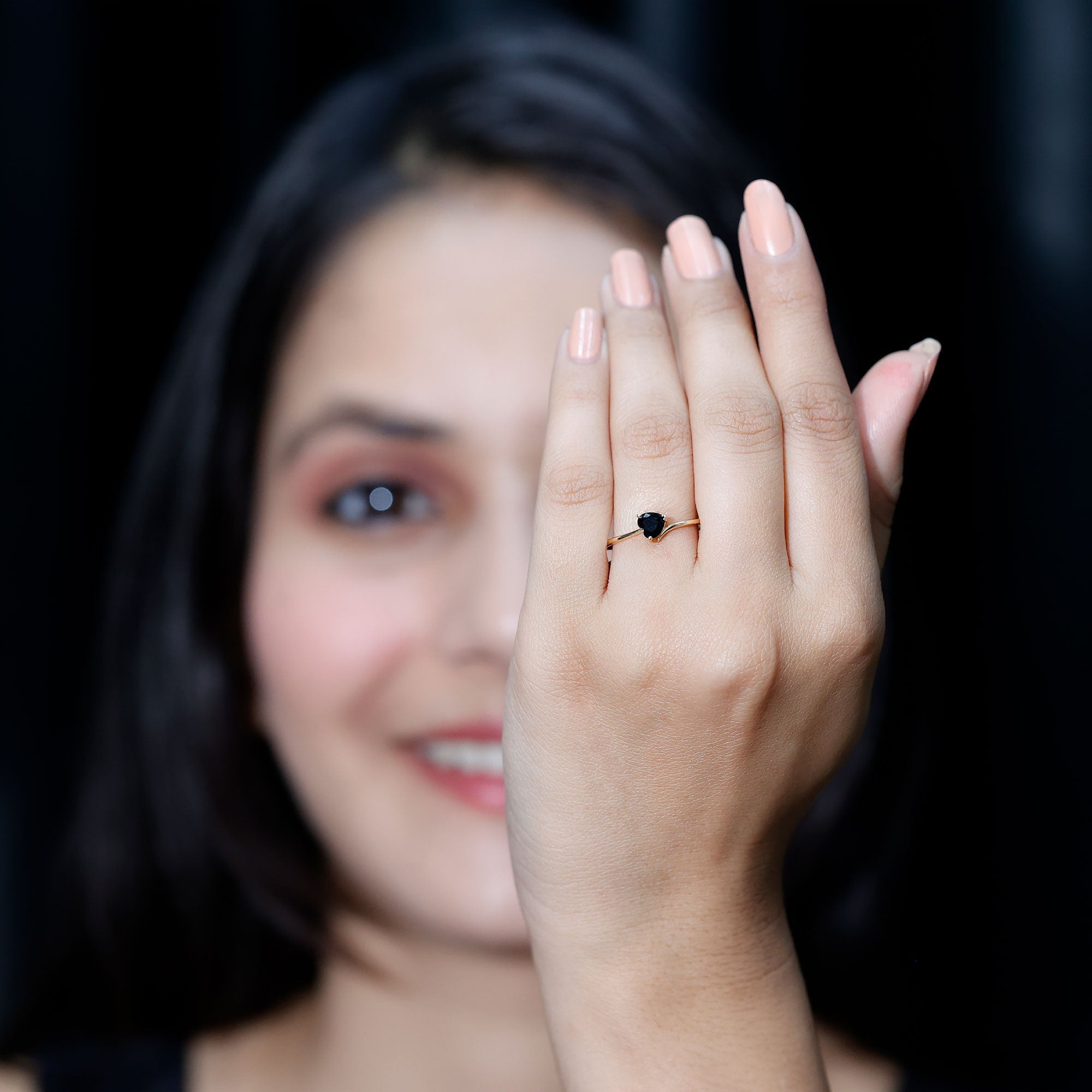 Natural Black Spinel Heart Promise Ring in East West Style