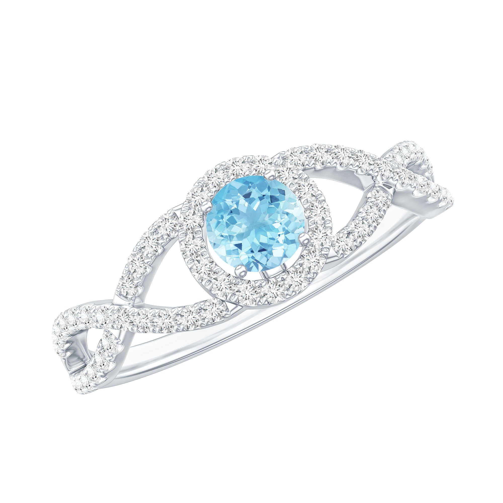Aquamarine Engagement Ring – Diamond Halo Ring With Criss Cross Band Design
