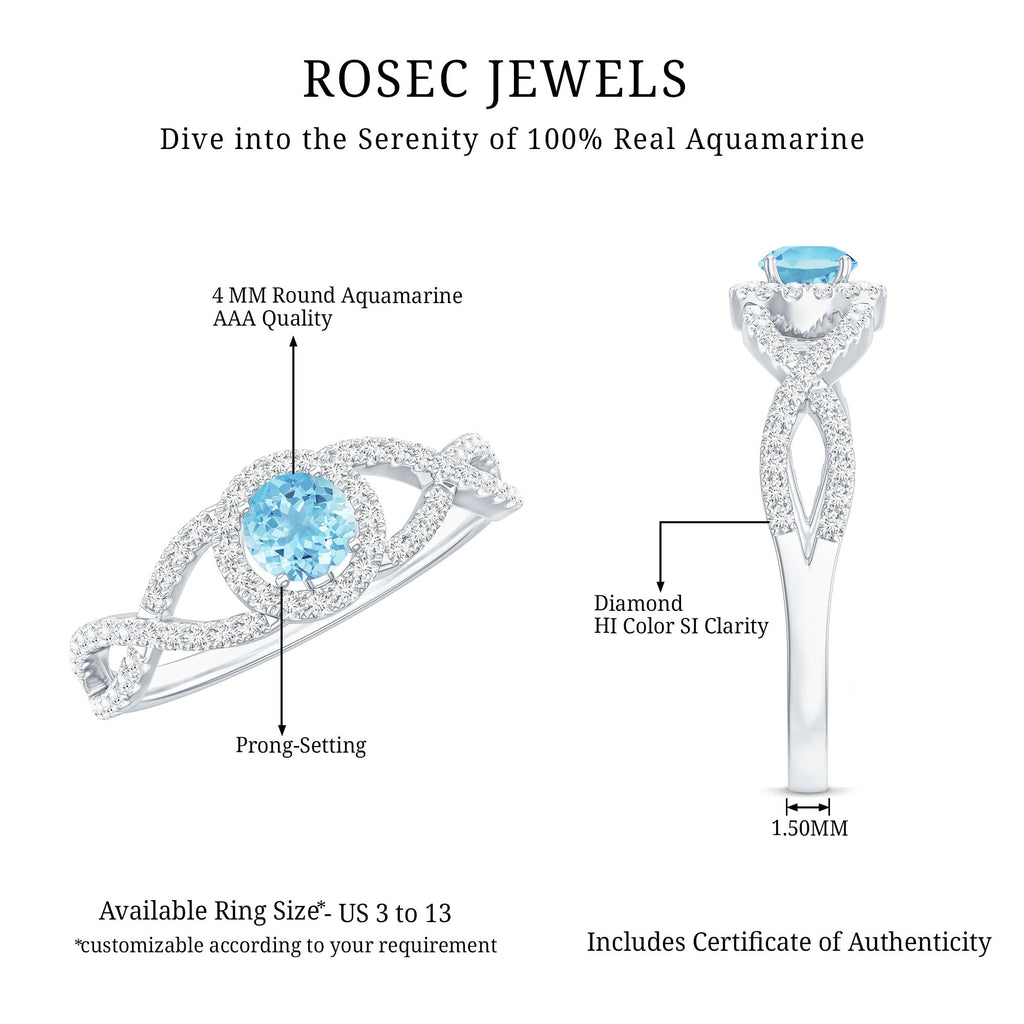 Aquamarine Engagement Ring – Diamond Halo Ring With Criss Cross Band Design