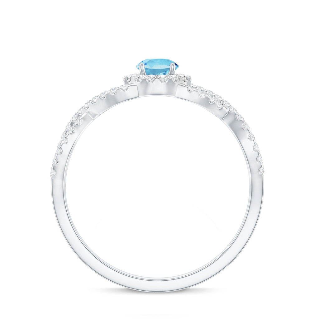 Aquamarine Engagement Ring – Diamond Halo Ring With Criss Cross Band Design