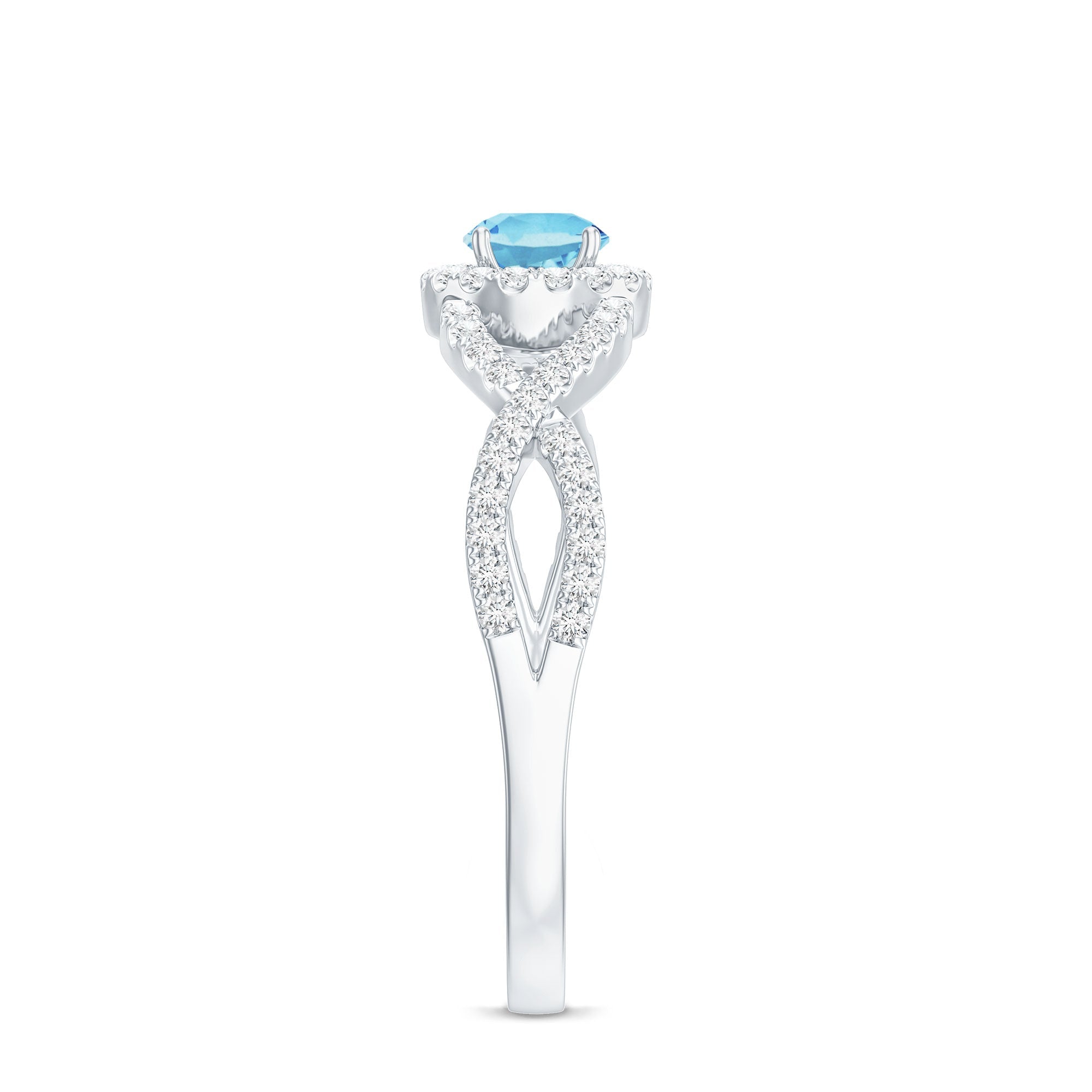 Aquamarine Engagement Ring – Diamond Halo Ring With Criss Cross Band Design