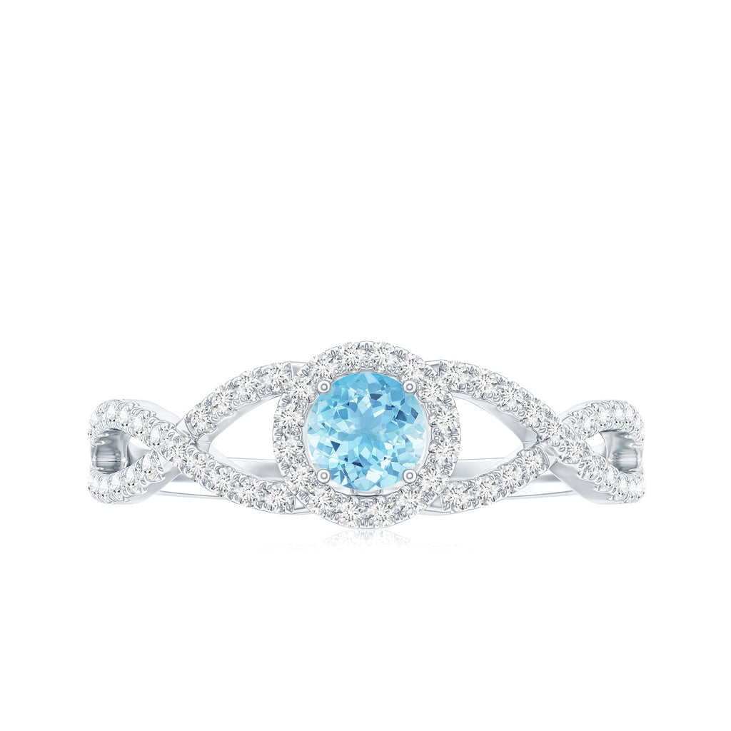 Aquamarine Engagement Ring – Diamond Halo Ring With Criss Cross Band Design