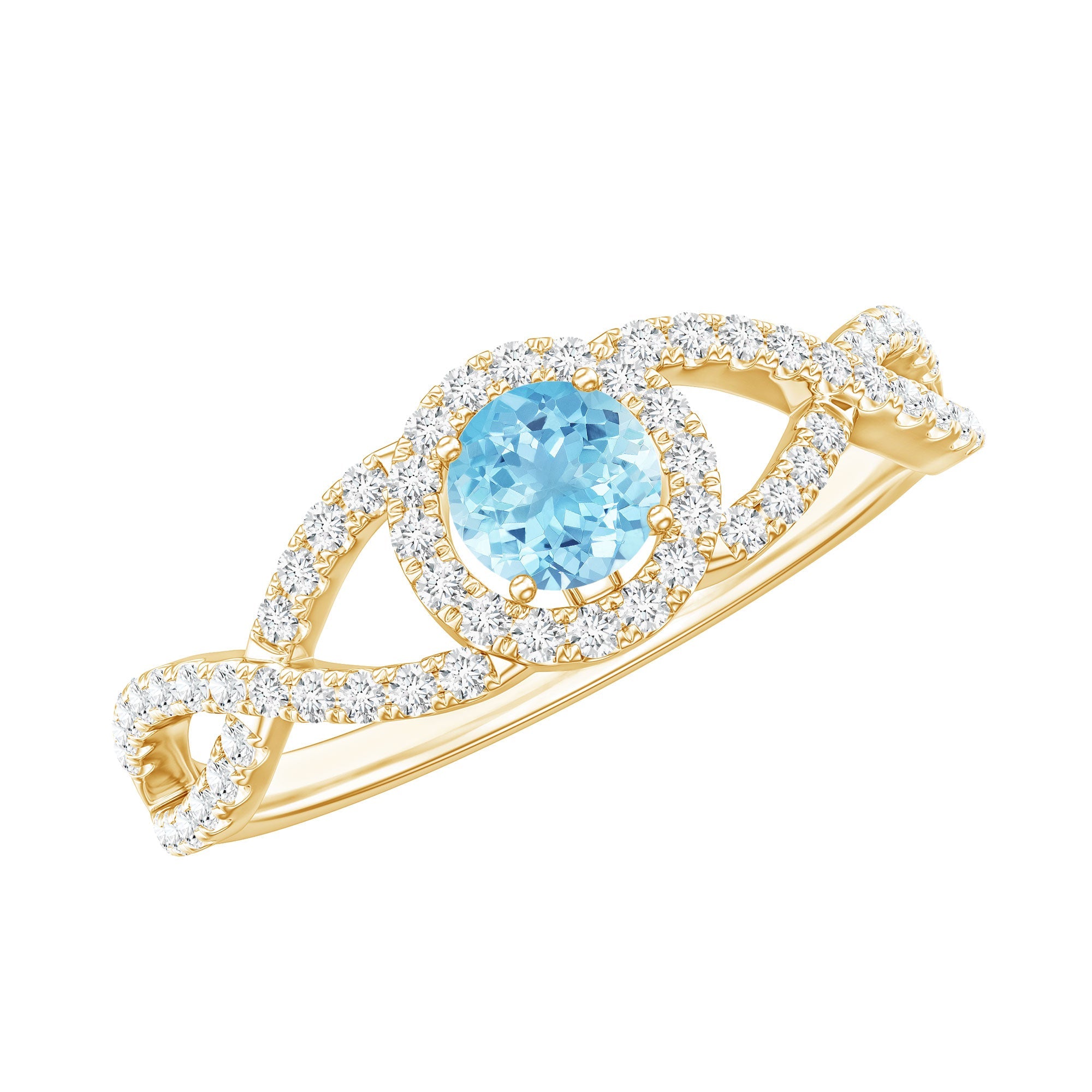 Aquamarine Engagement Ring – Diamond Halo Ring With Criss Cross Band Design