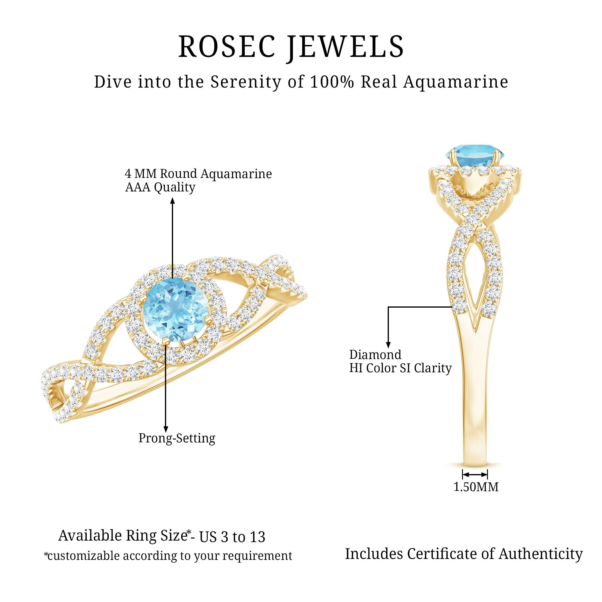 Aquamarine Engagement Ring – Diamond Halo Ring With Criss Cross Band Design