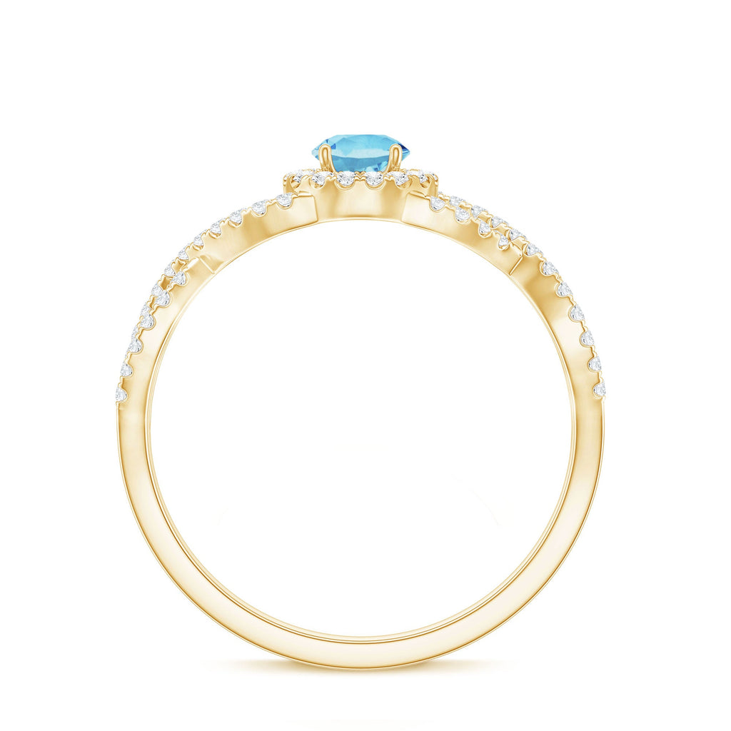 Aquamarine Engagement Ring – Diamond Halo Ring With Criss Cross Band Design