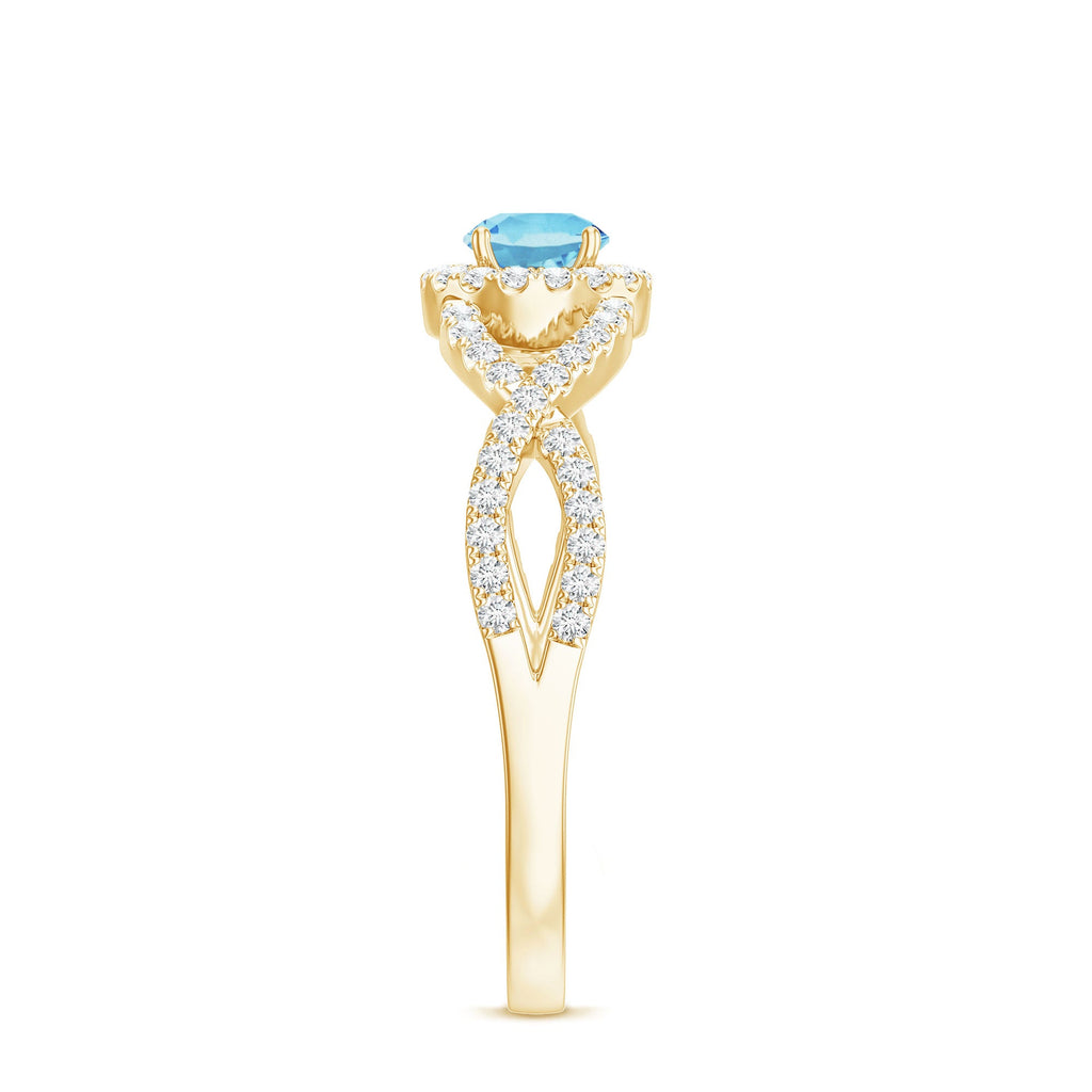 Aquamarine Engagement Ring – Diamond Halo Ring With Criss Cross Band Design