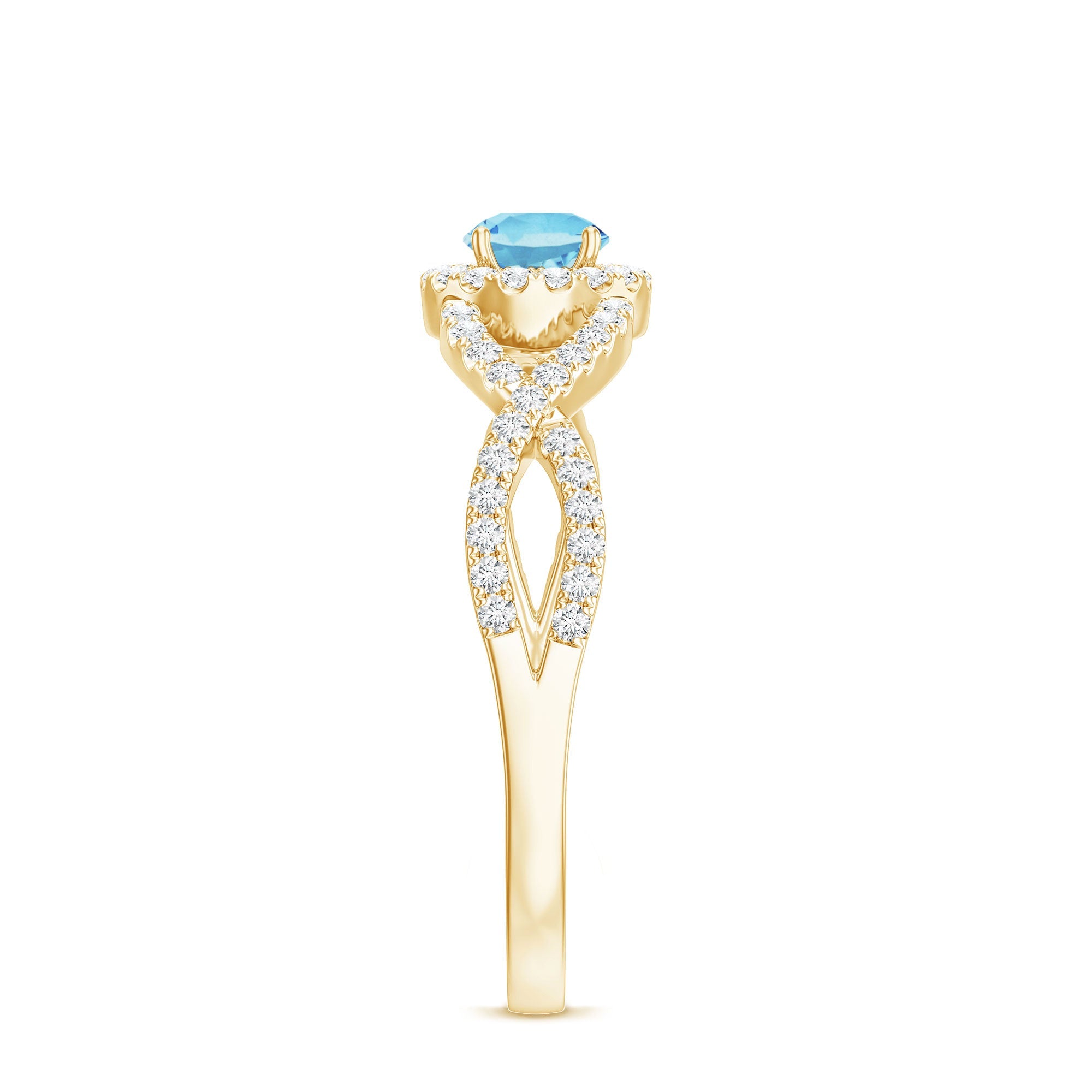 Aquamarine Engagement Ring – Diamond Halo Ring With Criss Cross Band Design