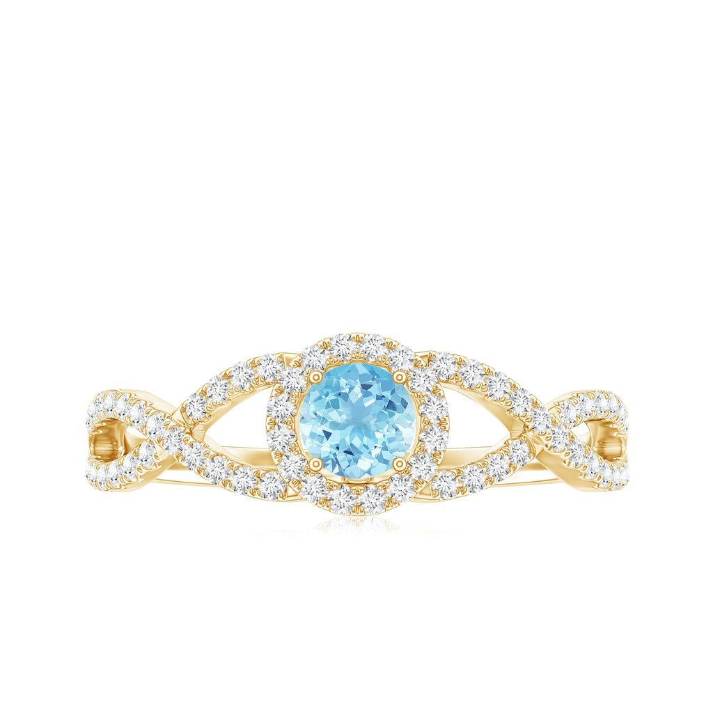 Aquamarine Engagement Ring – Diamond Halo Ring With Criss Cross Band Design