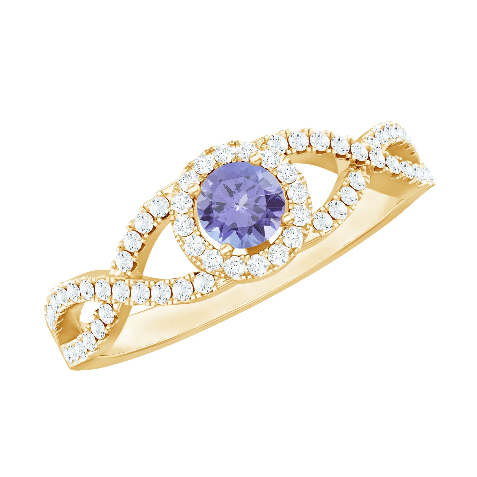 Tanzanite Engagement Ring – Diamond Halo Ring with Criss Cross Band Design