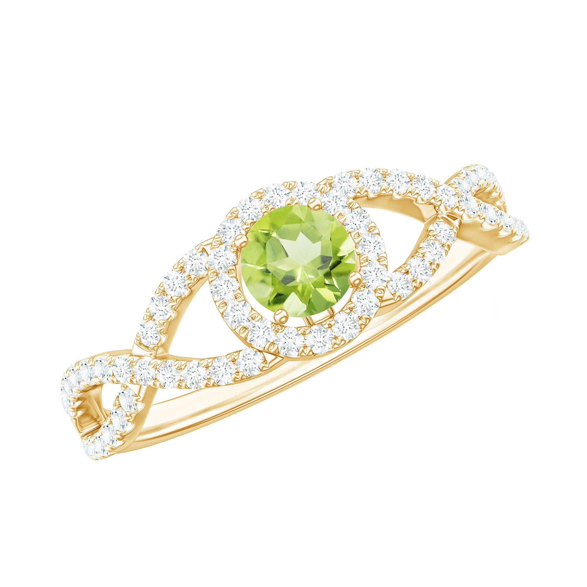 Peridot Engagement Ring – 0.5 Carat Natural Peridot with Diamond Halo & Criss Cross Shank