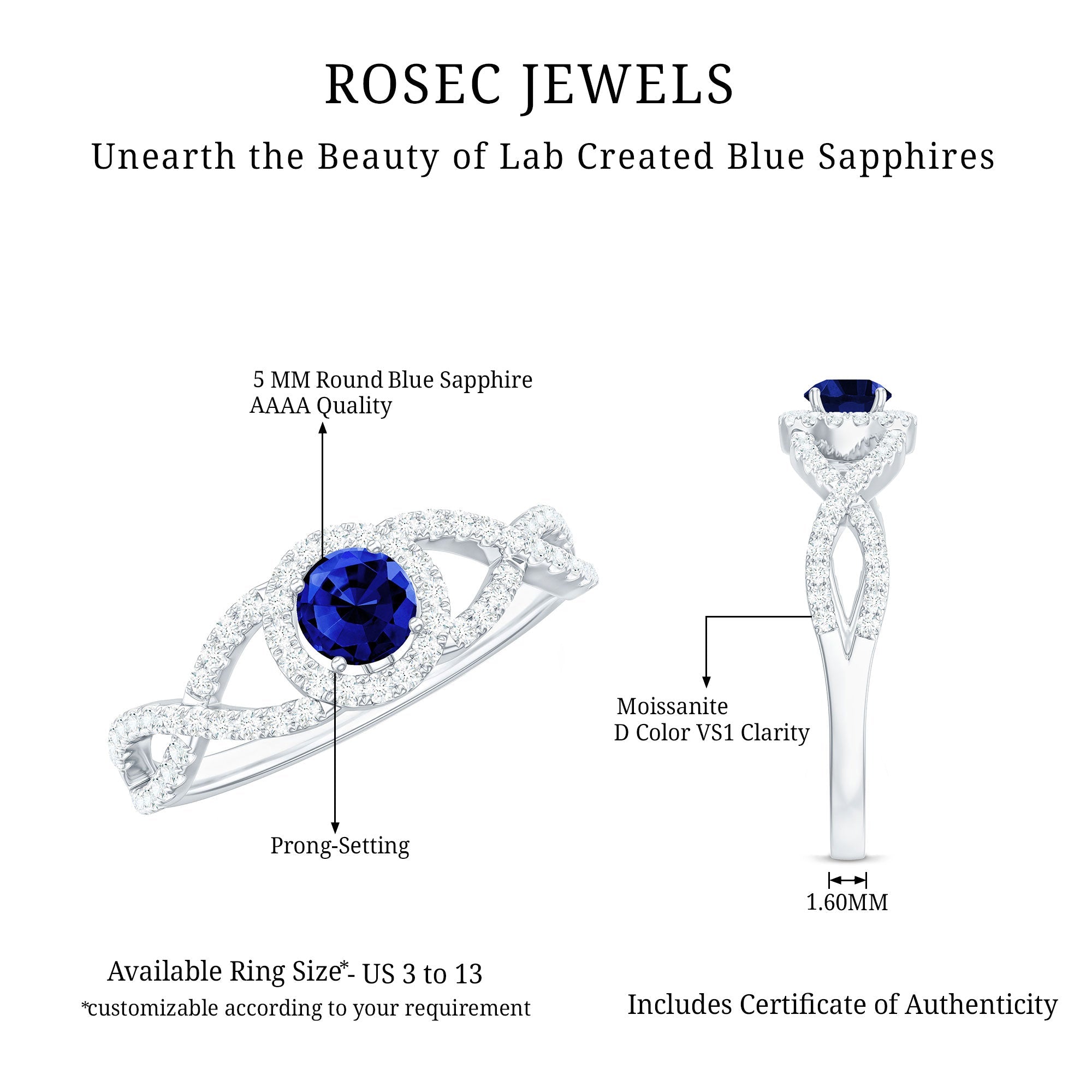 Certified 0.6 Carat Lab Grown Blue Sapphire Crossover Engagement Ring with Diamond
