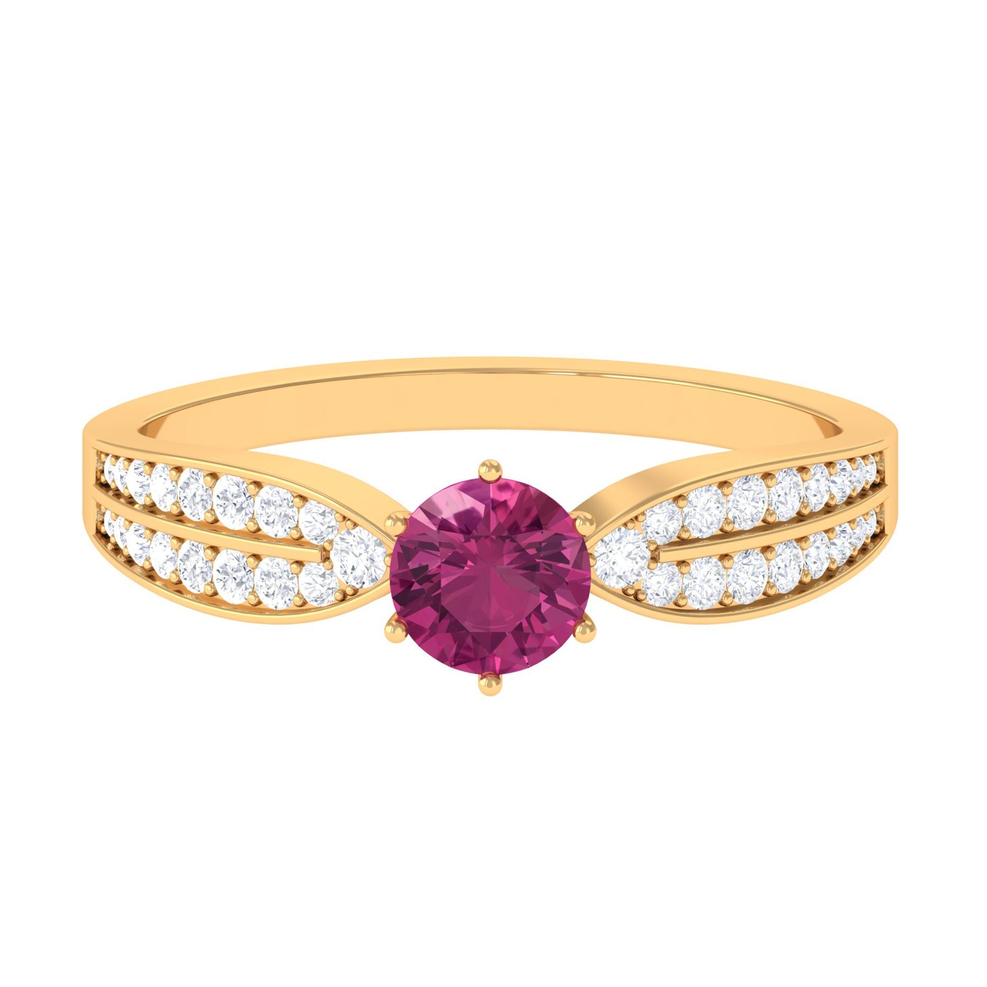 Pink Tourmaline Ring – Solitaire Solid Gold Ring with Diamond Side Stones