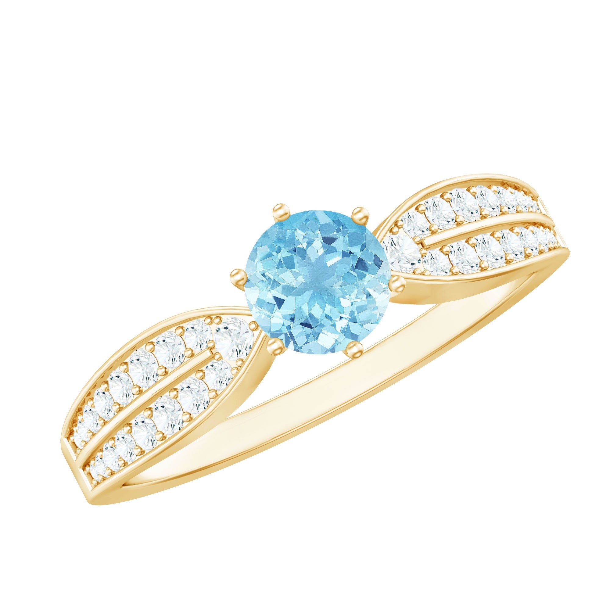 Aquamarine Engagement Ring – Round AAA Quality Blue Gemstone With Diamond Side Stones
