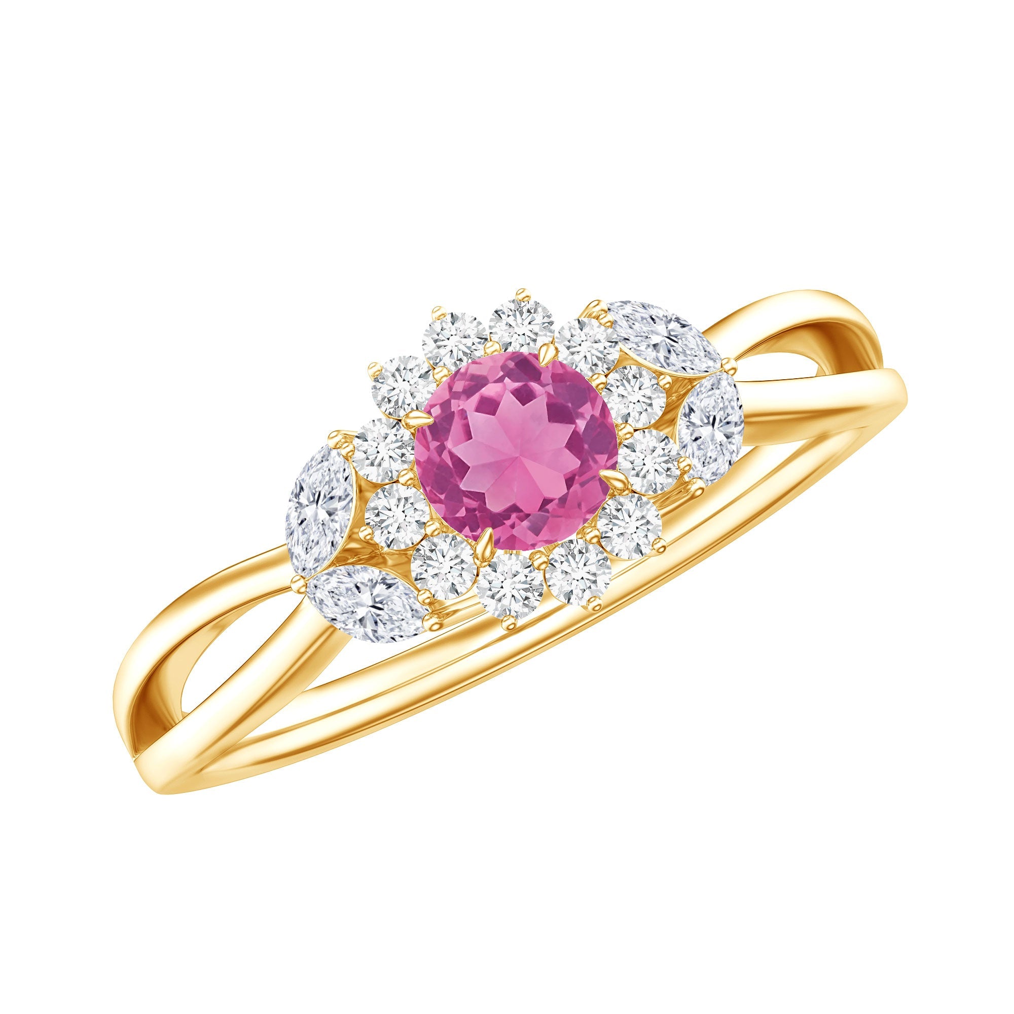 Pink Tourmaline Ring – Floral Design Engagement Band with Diamond Accents