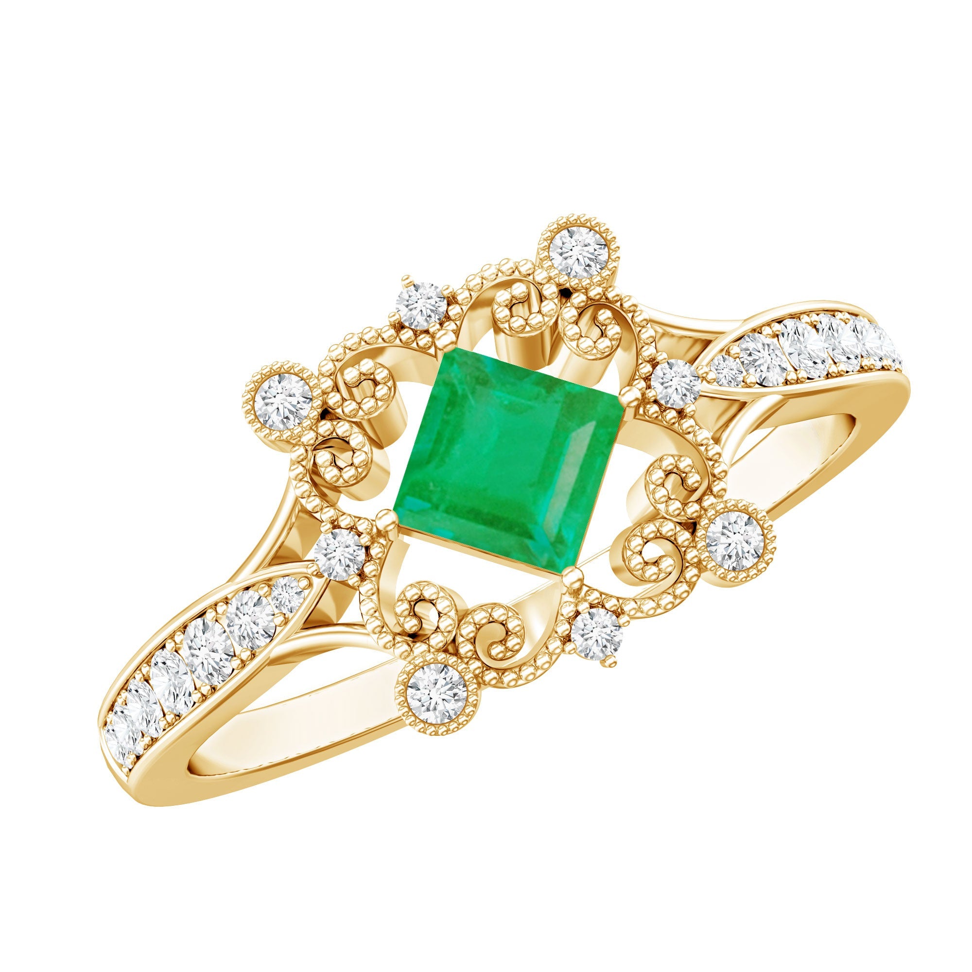 Emerald Engagement Ring – Antique Vintage Diamond Accent Princess Cut Design