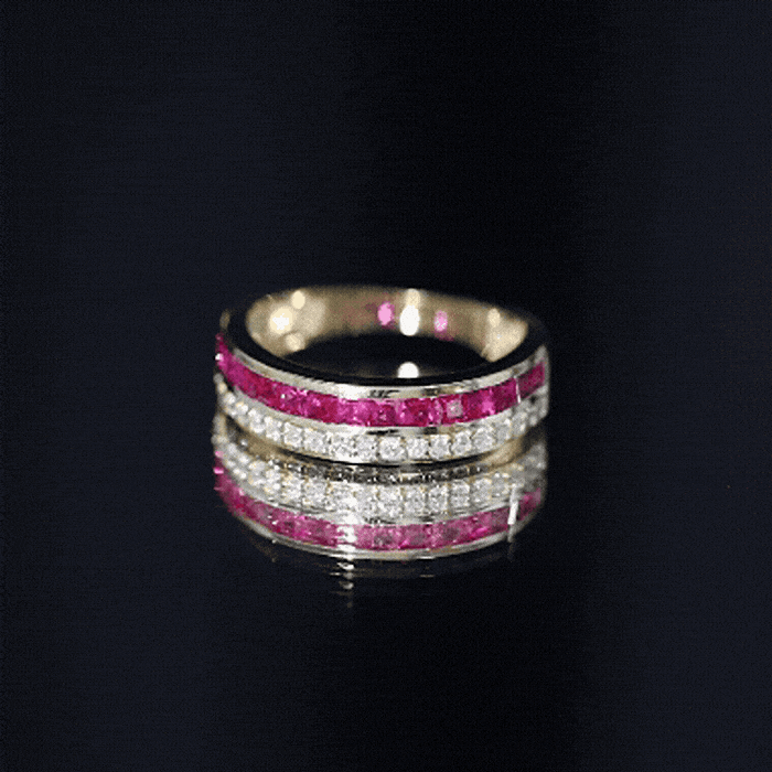 Ruby Diamond Wedding Band – Half Eternity Band with Princess Cut Ruby & Diamonds