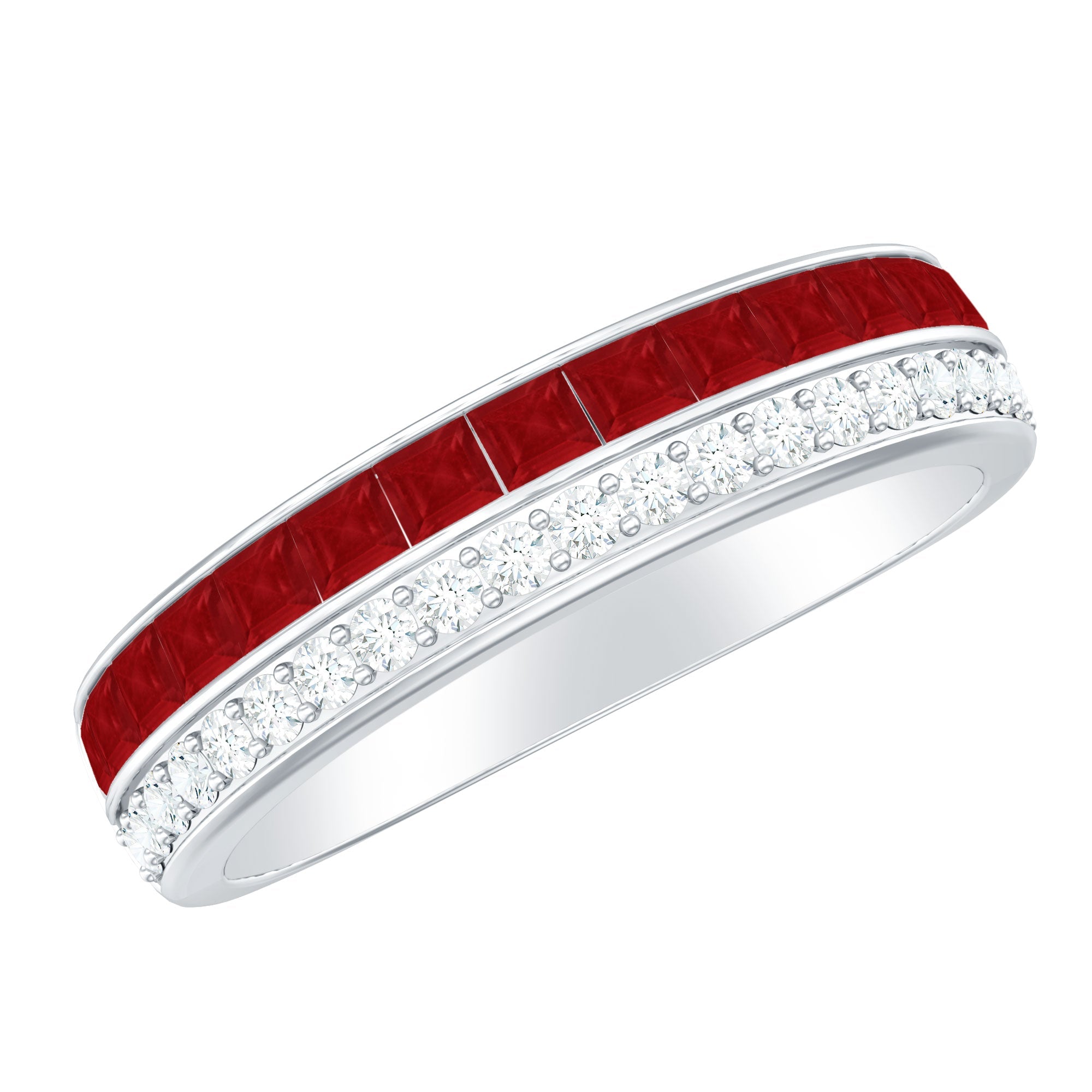 Ruby Diamond Wedding Band – Half Eternity Band with Princess Cut Ruby & Diamonds