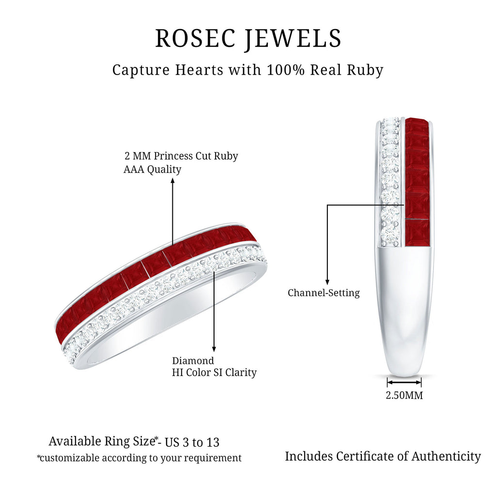 Ruby Diamond Wedding Band – Half Eternity Band with Princess Cut Ruby & Diamonds