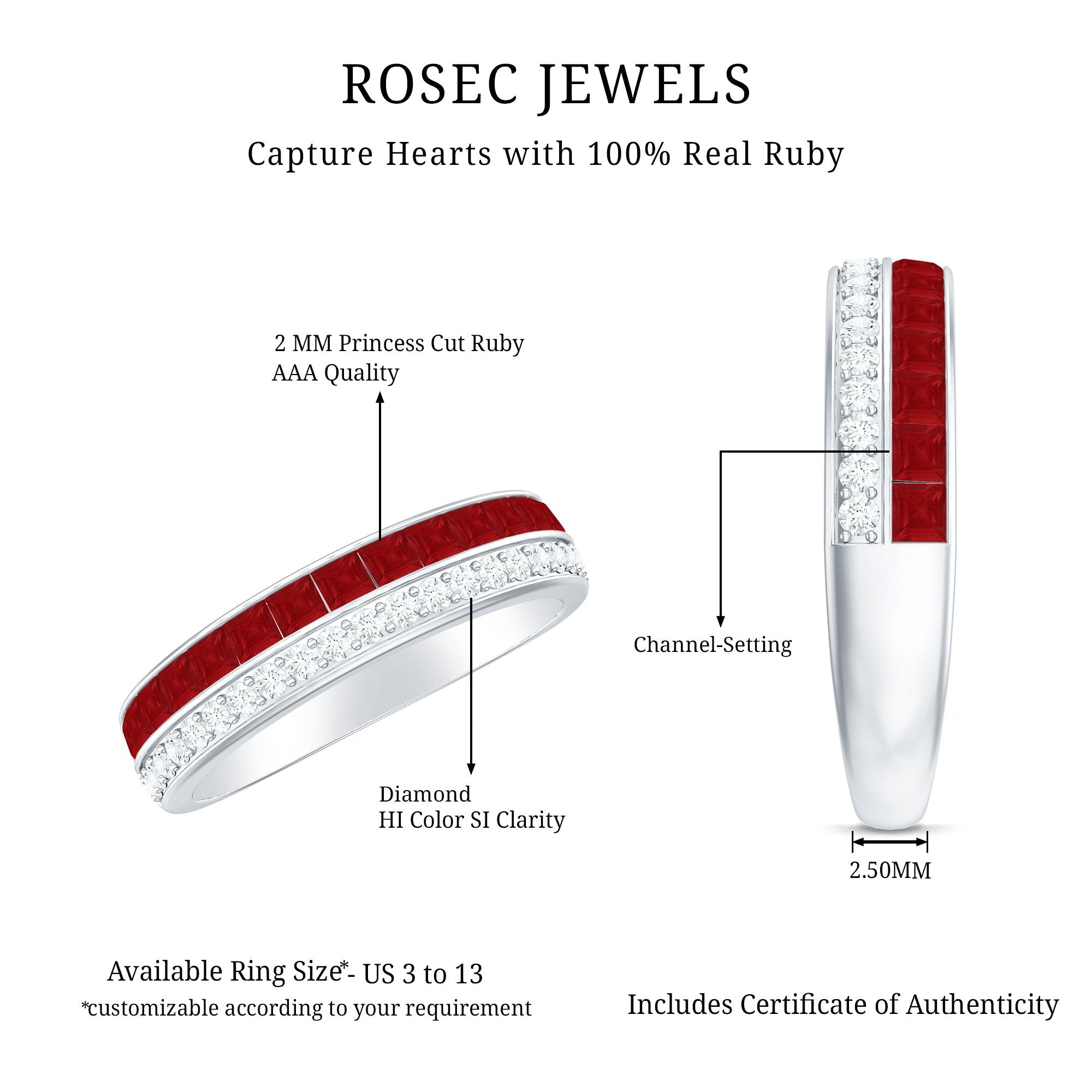 Ruby Diamond Wedding Band – Half Eternity Band with Princess Cut Ruby & Diamonds