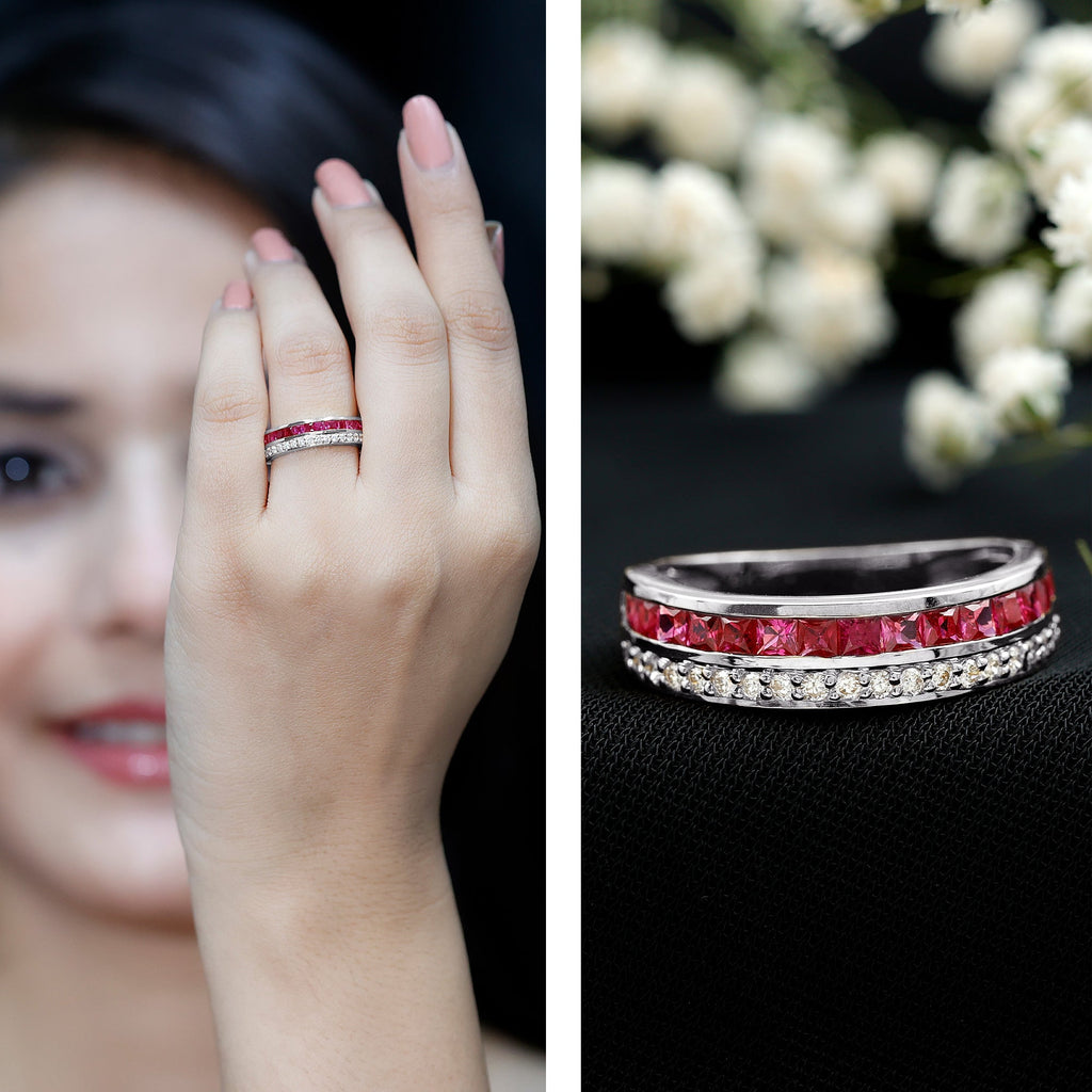 Ruby Diamond Wedding Band – Half Eternity Band with Princess Cut Ruby & Diamonds