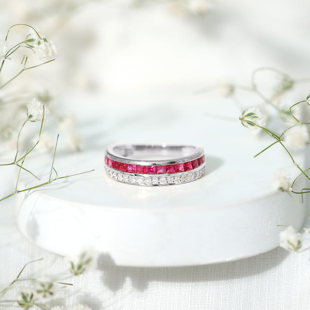 Ruby Diamond Wedding Band – Half Eternity Band with Princess Cut Ruby & Diamonds