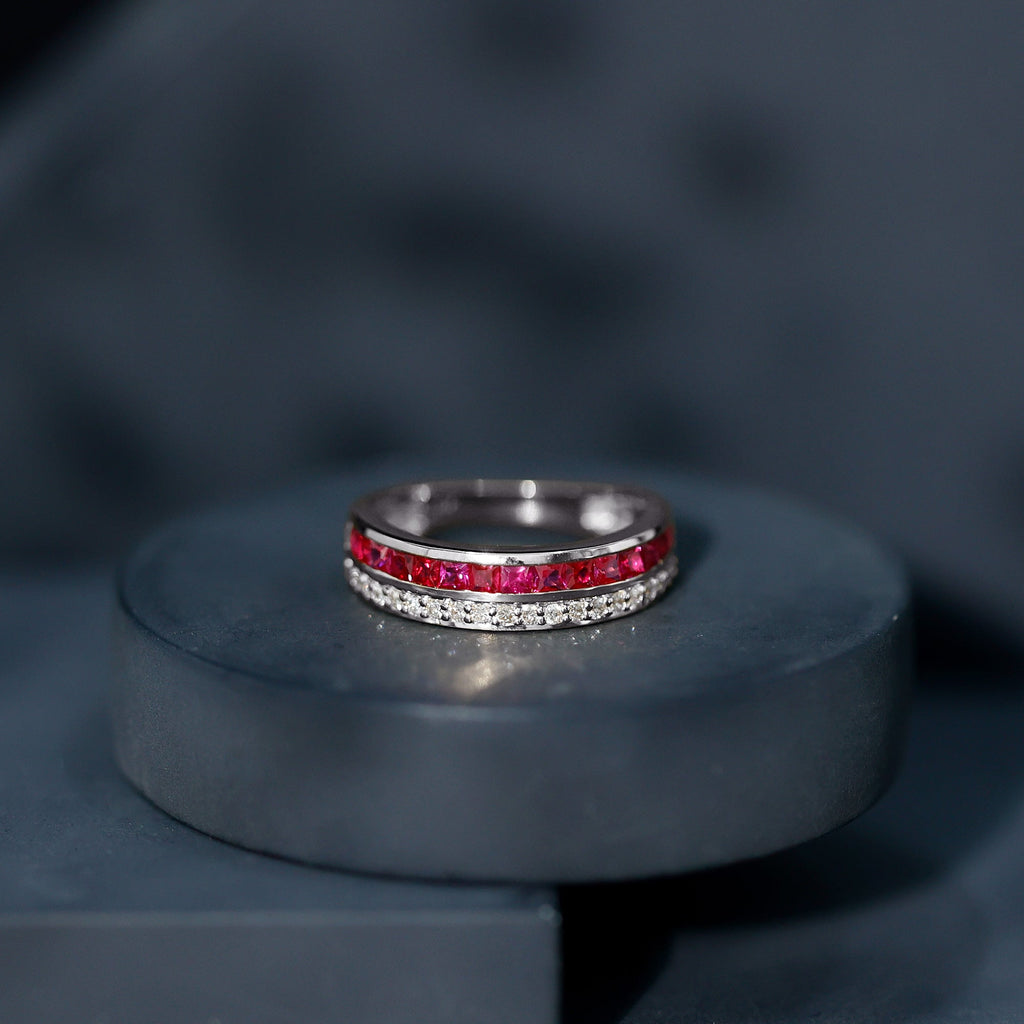 Ruby Diamond Wedding Band – Half Eternity Band with Princess Cut Ruby & Diamonds