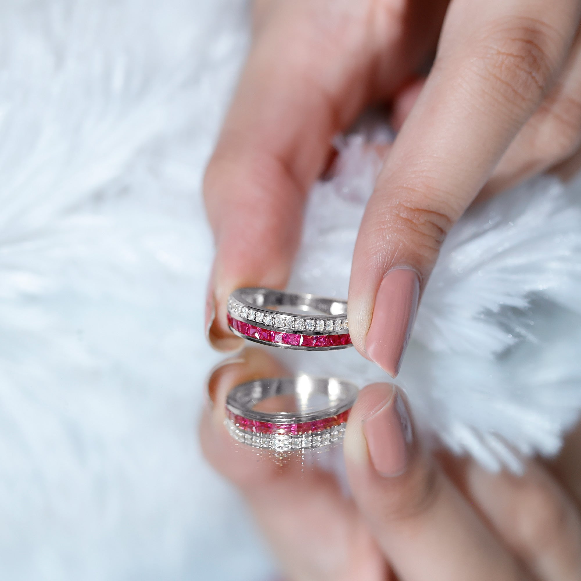 Ruby Diamond Wedding Band – Half Eternity Band with Princess Cut Ruby & Diamonds