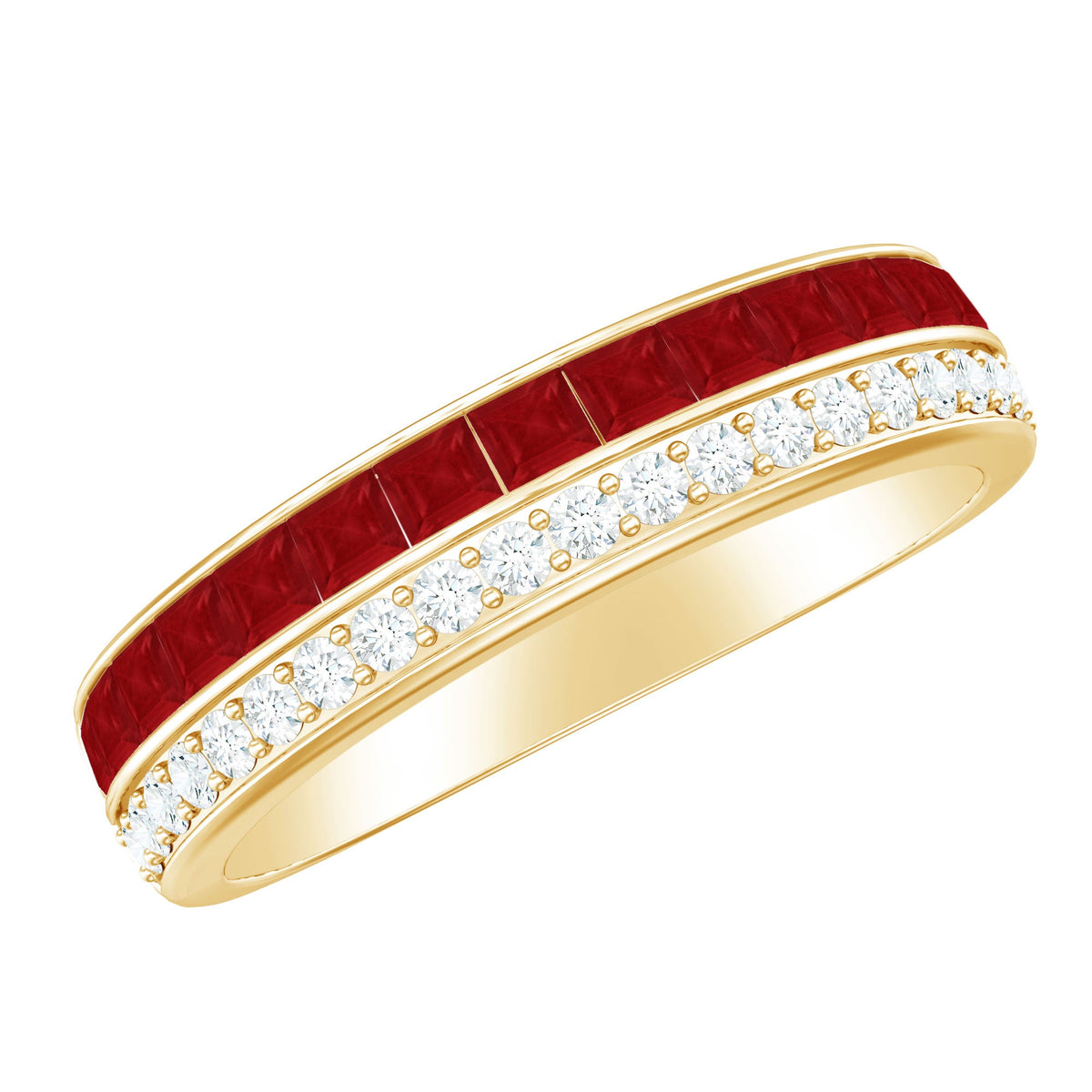 Ruby Diamond Wedding Band – Half Eternity Band with Princess Cut Ruby & Diamonds