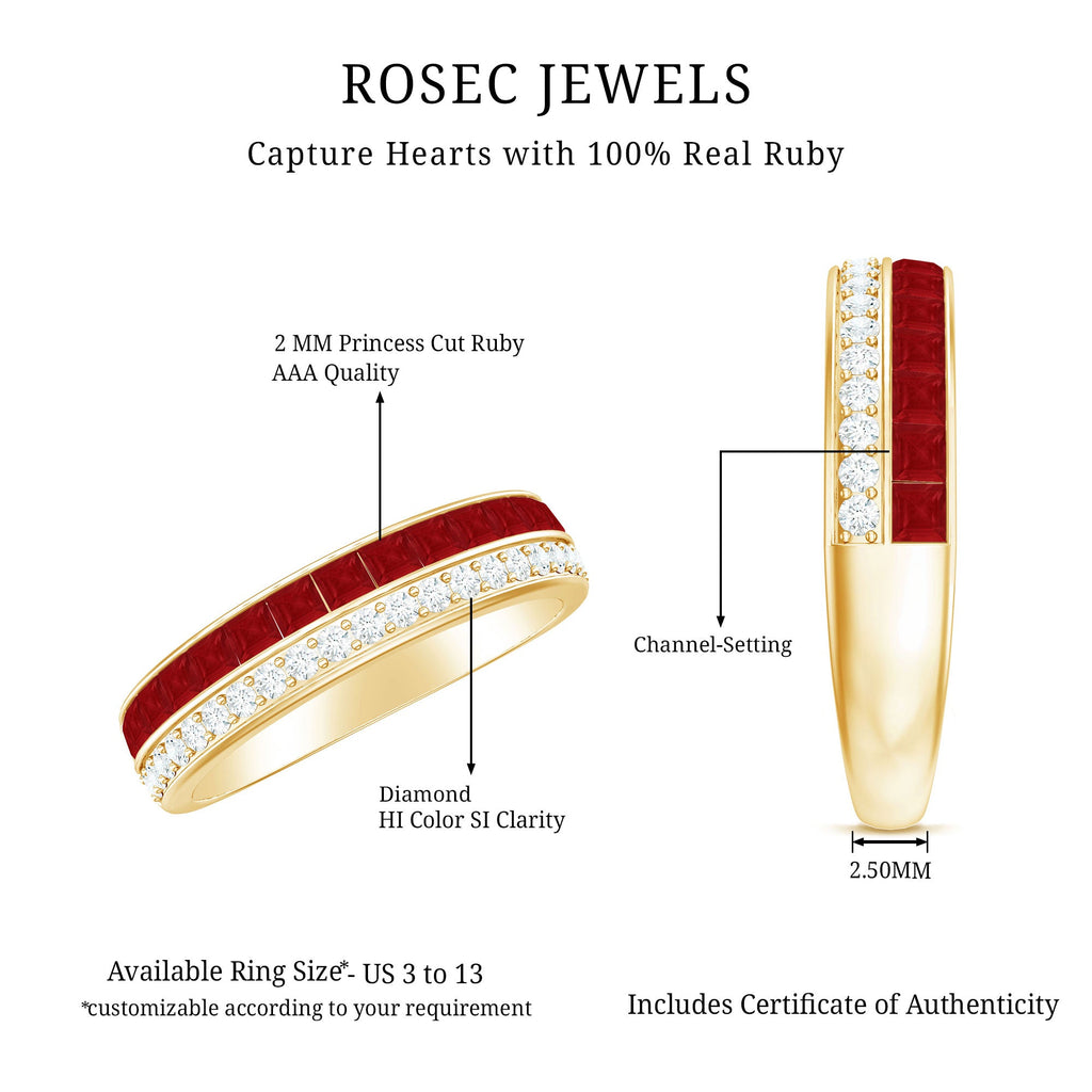 Ruby Diamond Wedding Band – Half Eternity Band with Princess Cut Ruby & Diamonds