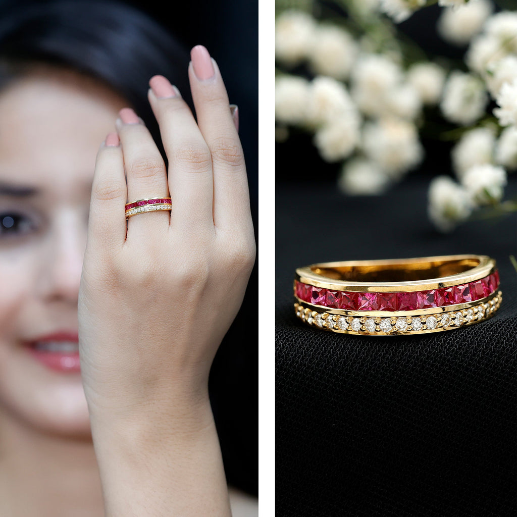 Ruby Diamond Wedding Band – Half Eternity Band with Princess Cut Ruby & Diamonds