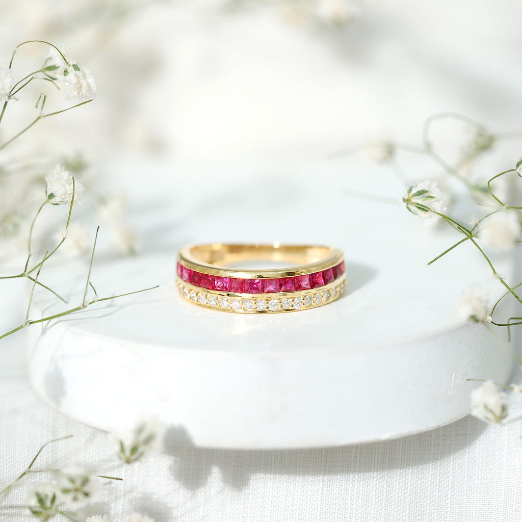Ruby Diamond Wedding Band – Half Eternity Band with Princess Cut Ruby & Diamonds