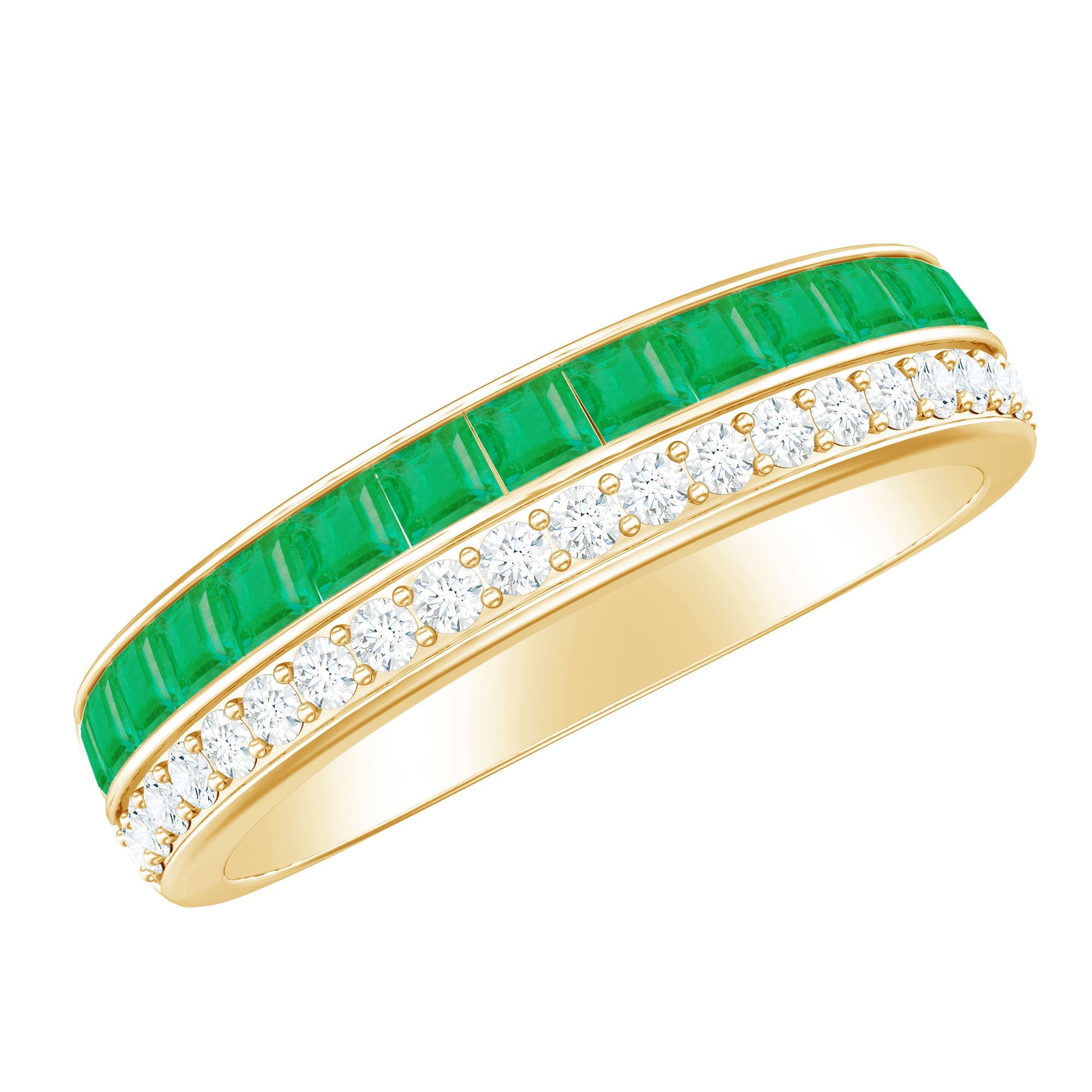 Emerald Diamond Wedding Band - Half Eternity Ring With Princess Cut Emeralds & Diamonds
