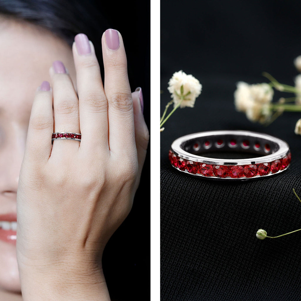 Created Ruby Eternity Ring – Full Channel Setting Band with Round Cut Stones