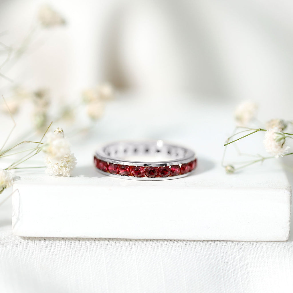 Created Ruby Eternity Ring – Full Channel Setting Band with Round Cut Stones