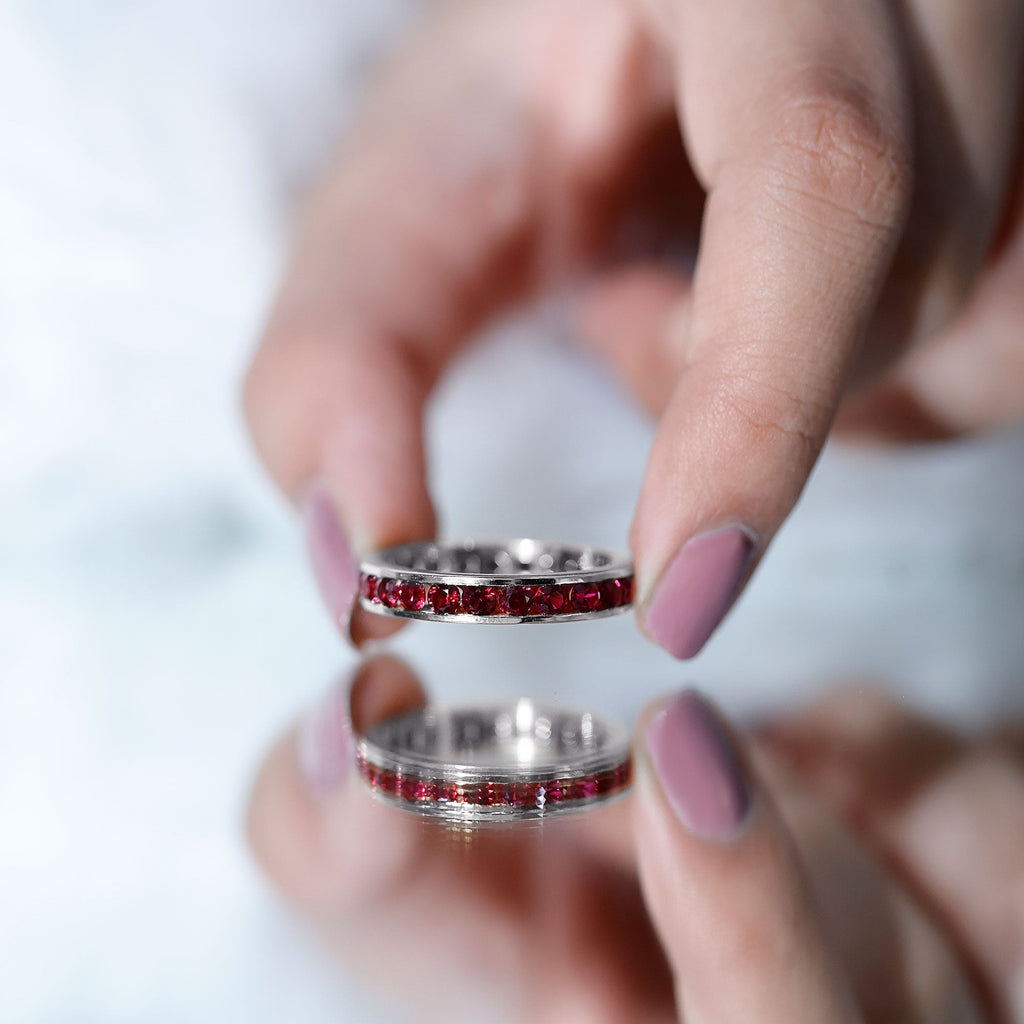 Created Ruby Eternity Ring – Full Channel Setting Band with Round Cut Stones