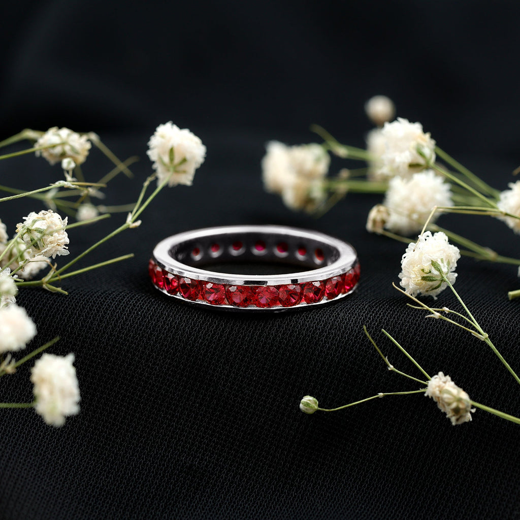 Created Ruby Eternity Ring – Full Channel Setting Band with Round Cut Stones