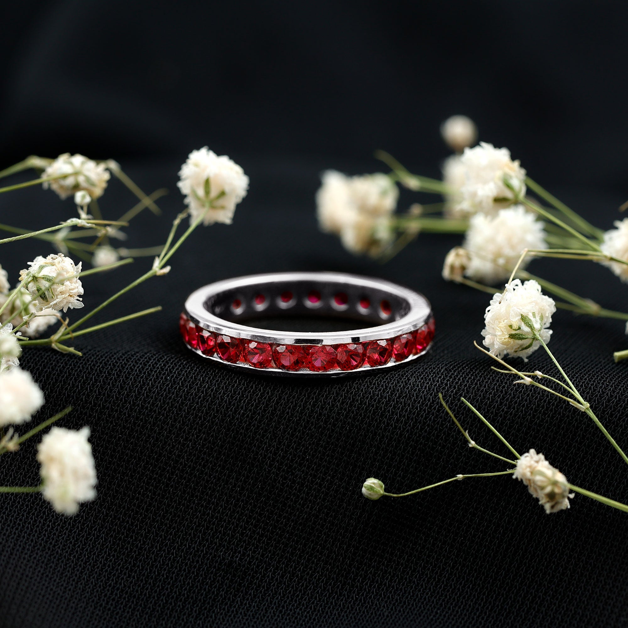 Created Ruby Eternity Ring – Full Channel Setting Band with Round Cut Stones