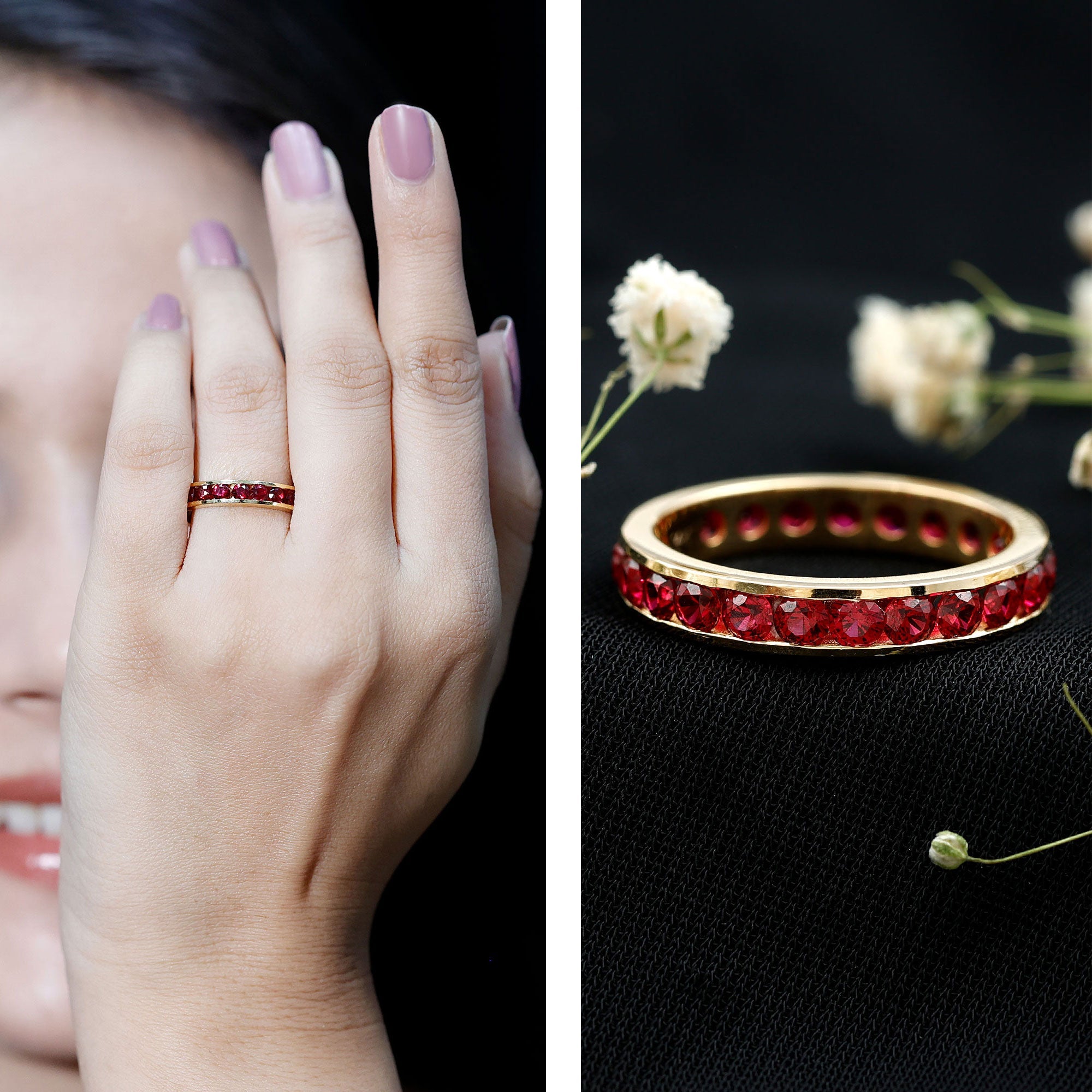 Created Ruby Eternity Ring – Full Channel Setting Band with Round Cut Stones