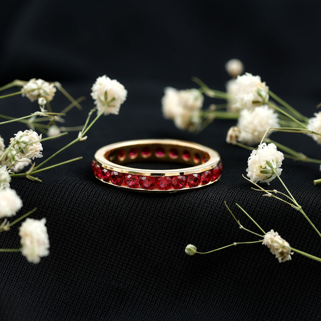 Created Ruby Eternity Ring – Full Channel Setting Band with Round Cut Stones