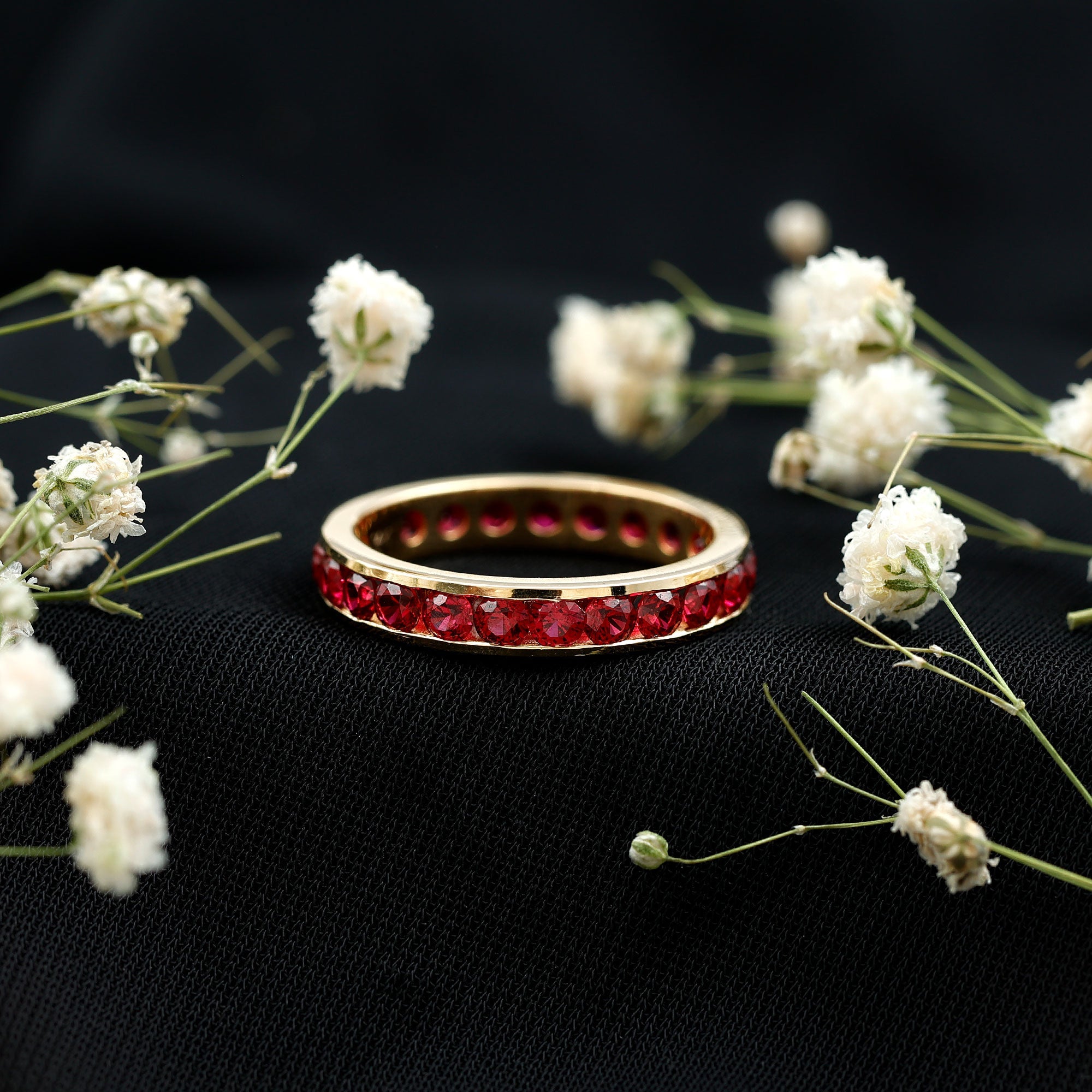 Created Ruby Eternity Ring – Full Channel Setting Band with Round Cut Stones