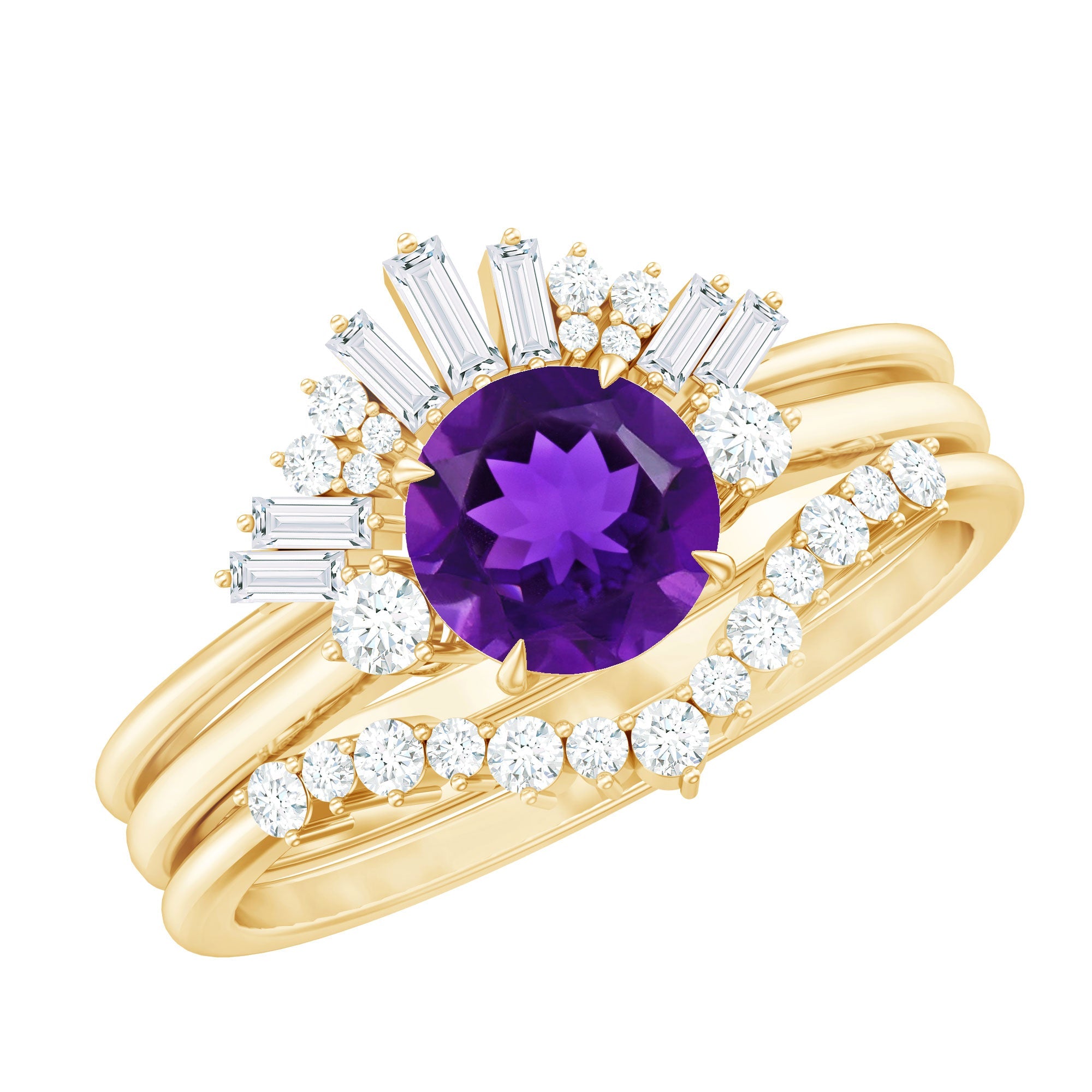 Amethyst Bridal Ring Set – Natural 1.2 Carat Diamond Wedding Band Trio